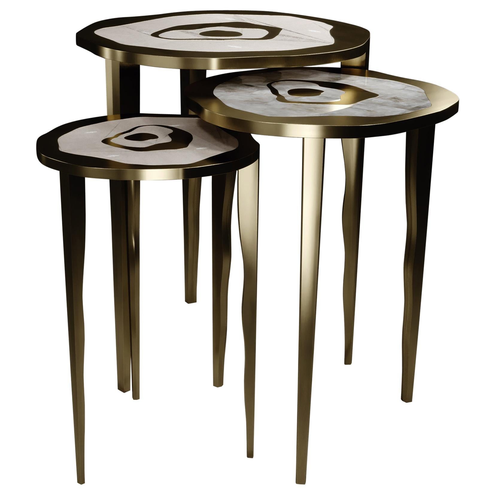 Shagreen Nesting Side Tables with Quartz and Bronze-Patina Brass by R&Y Augousti For Sale