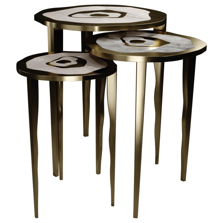 Shagreen Nesting Side Tables with Quartz and BronzePatina Brass by R&Y
