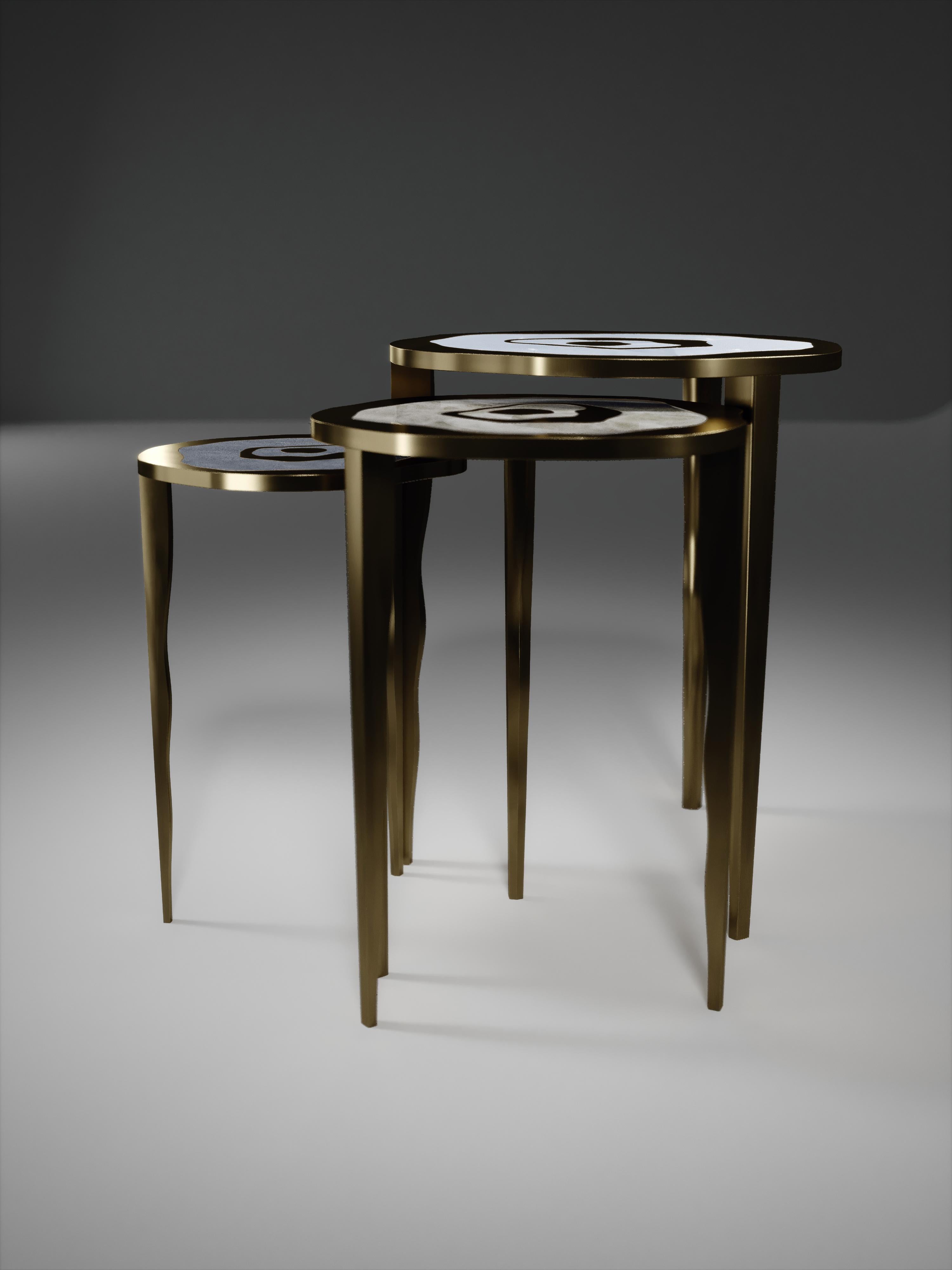 Art Deco Shagreen Nesting Side Tables with Stone and Bronze-Patina Brass by R&Y Augousti For Sale