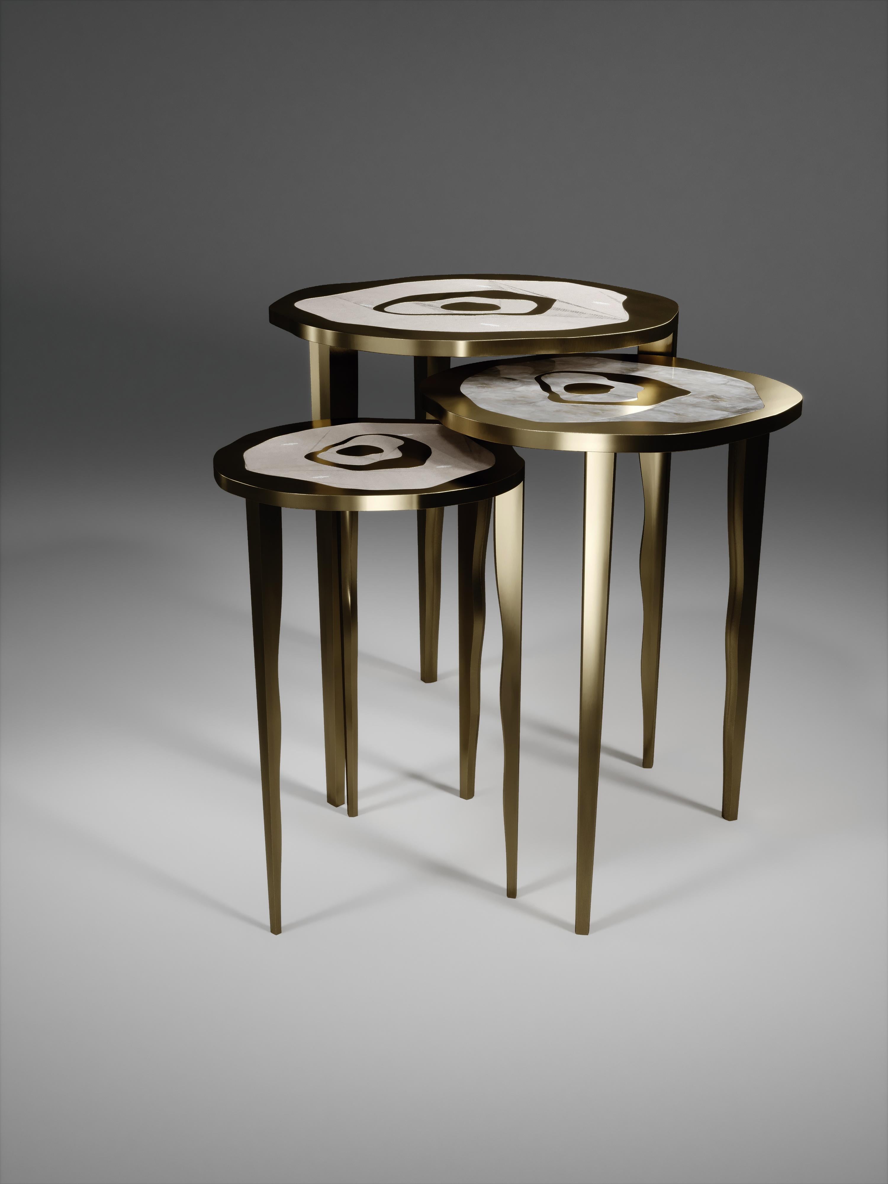 Shagreen Nesting Side Tables with Stone and Bronze-Patina Brass by R&Y Augousti For Sale 1