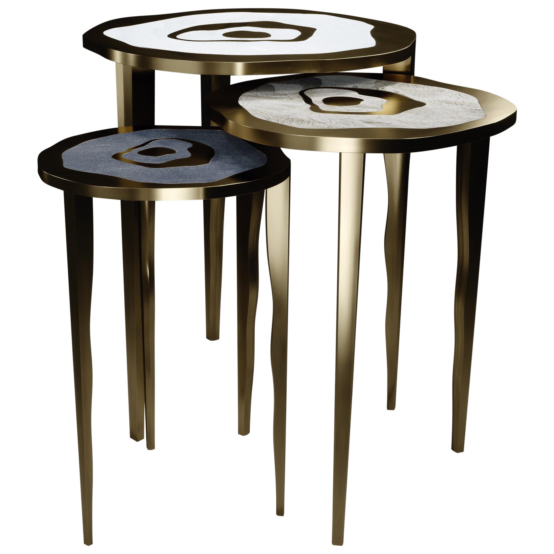 Shagreen Nesting Side Tables with Stone and Bronze-Patina Brass by R&Y Augousti For Sale