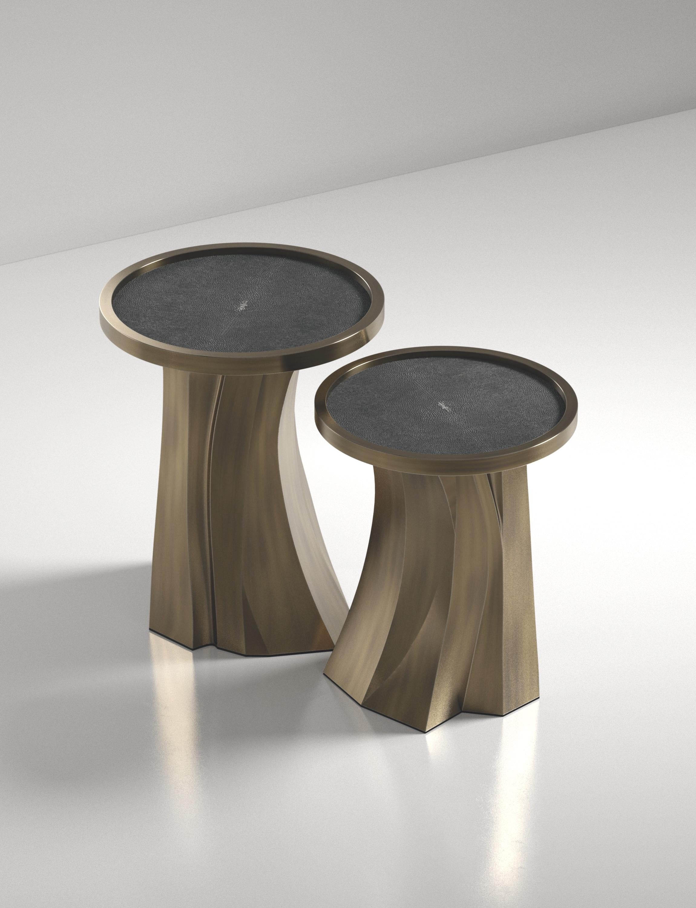 Shagreen Nesting Tables with Bronze Patina Brass Details by R&Y Augousti For Sale 6
