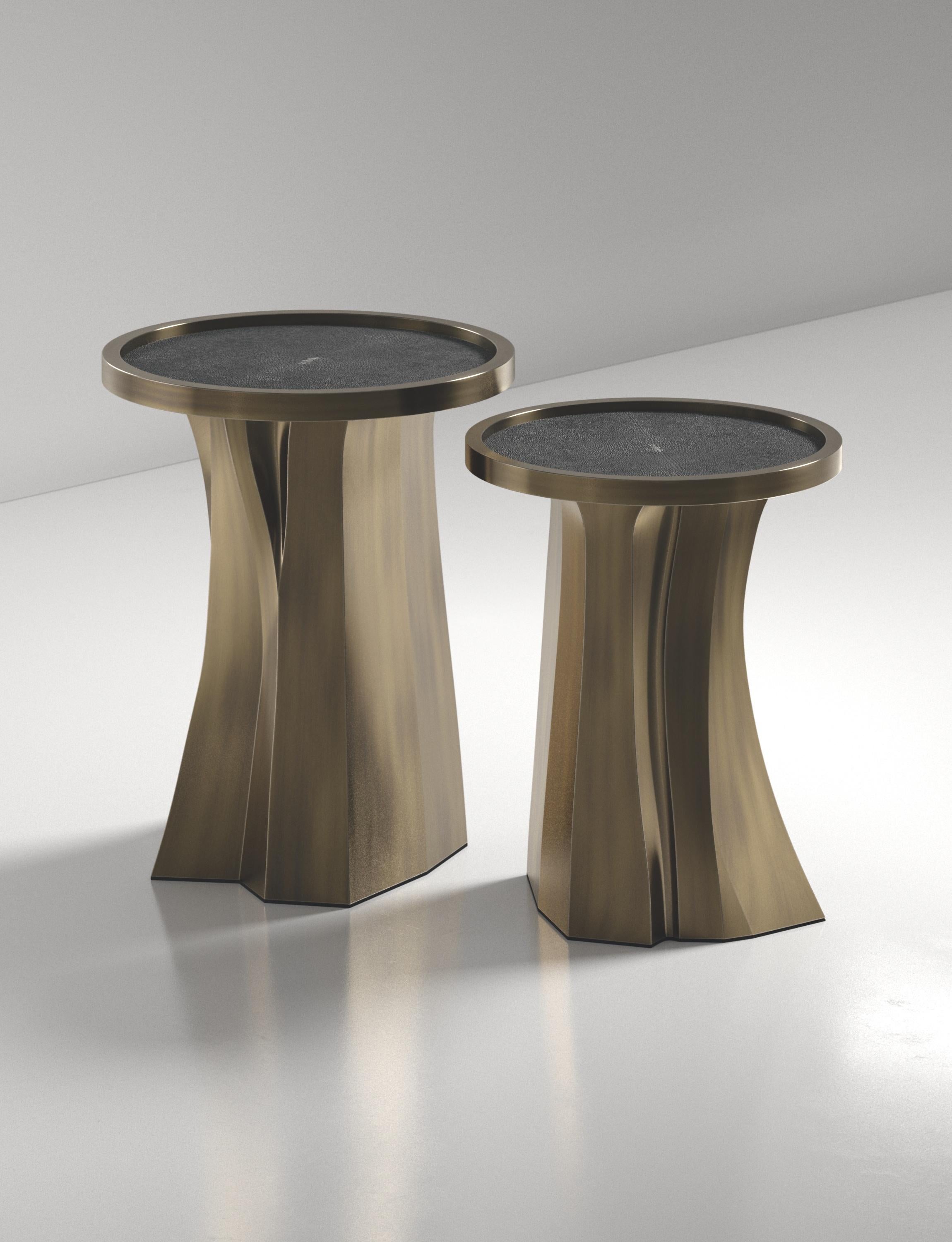 Shagreen Nesting Tables with Bronze Patina Brass Details by R&Y Augousti For Sale 7