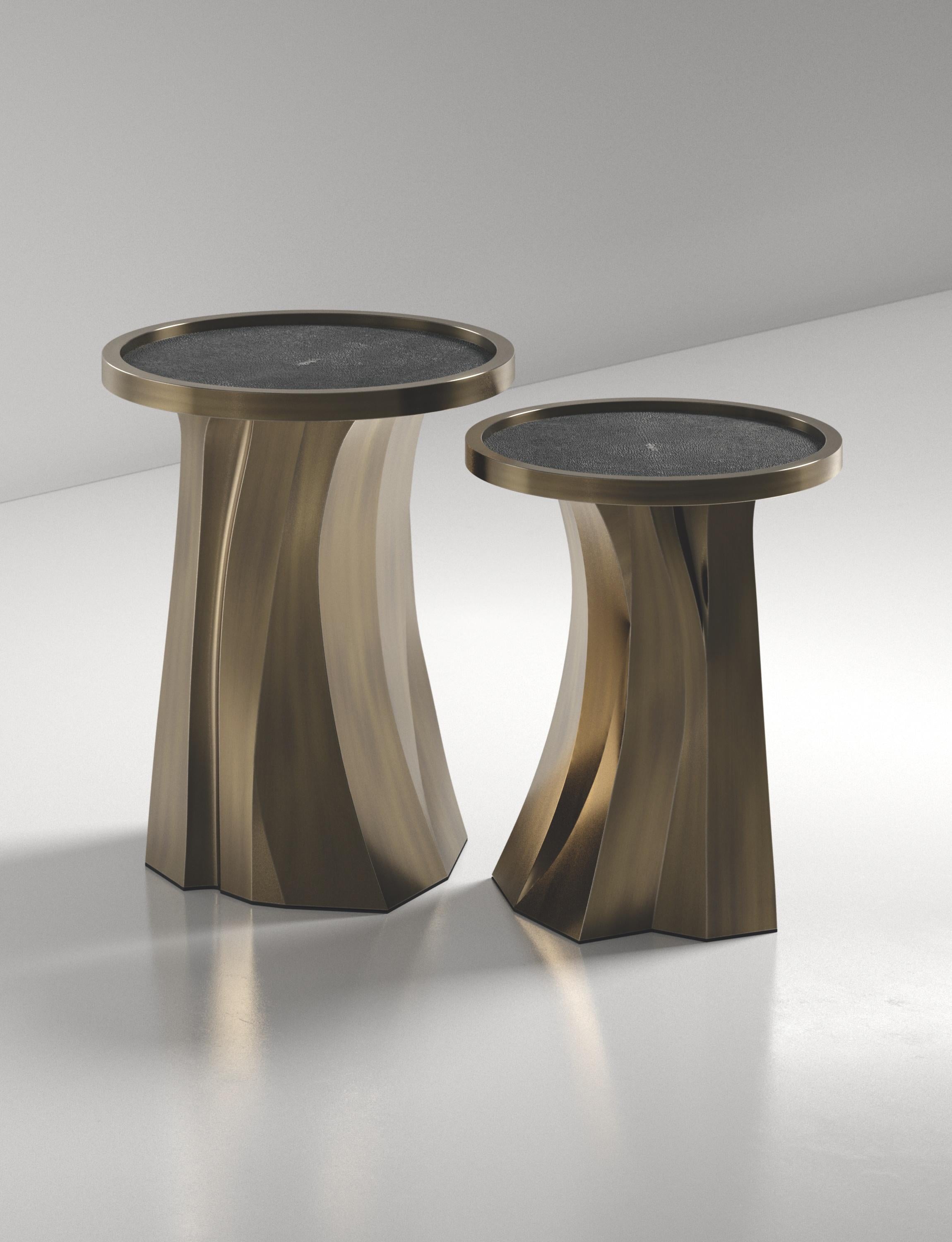 Shagreen Nesting Tables with Bronze Patina Brass Details by R&Y Augousti For Sale 8