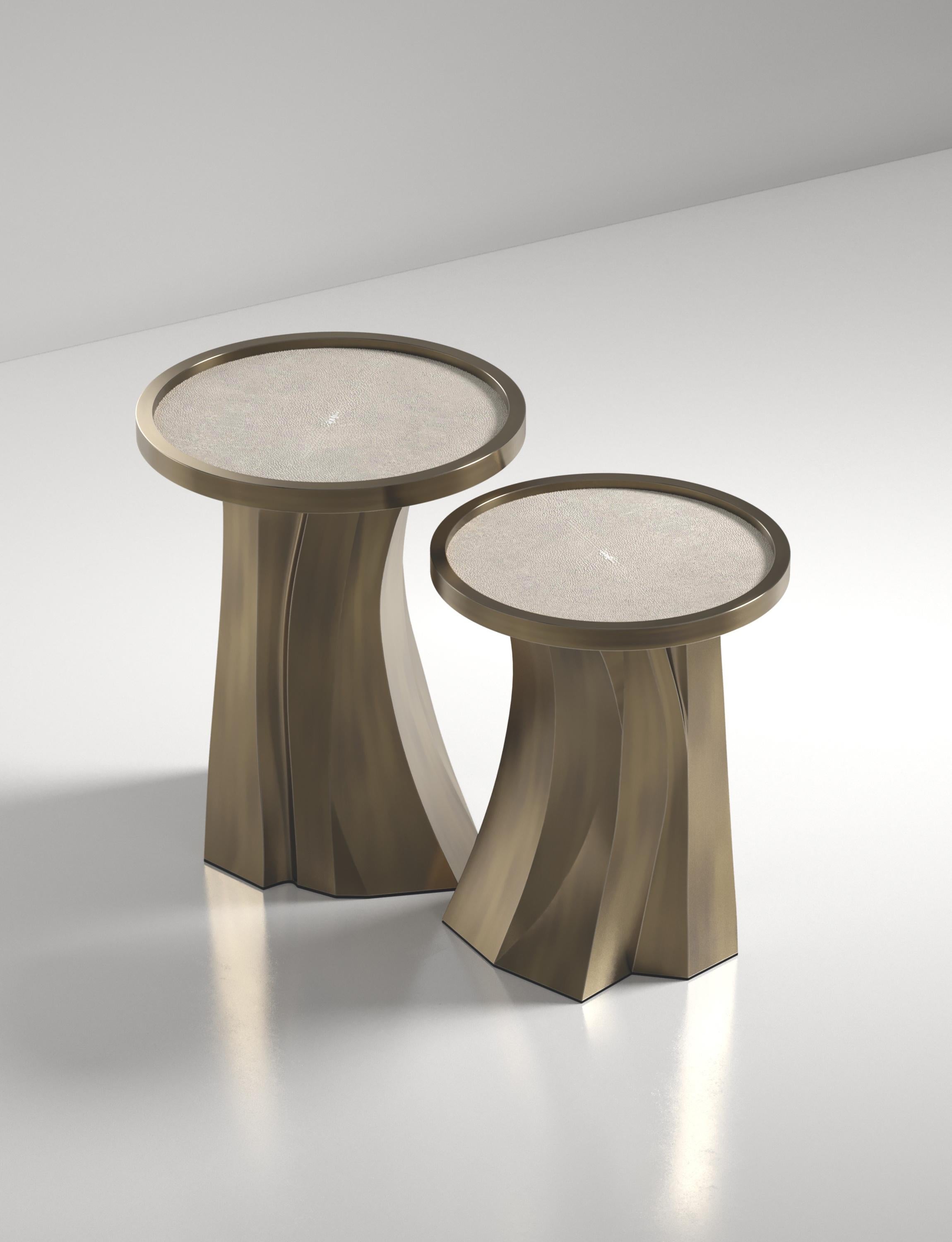 Hand-Crafted Shagreen Nesting Tables with Bronze Patina Brass Details by R&Y Augousti For Sale