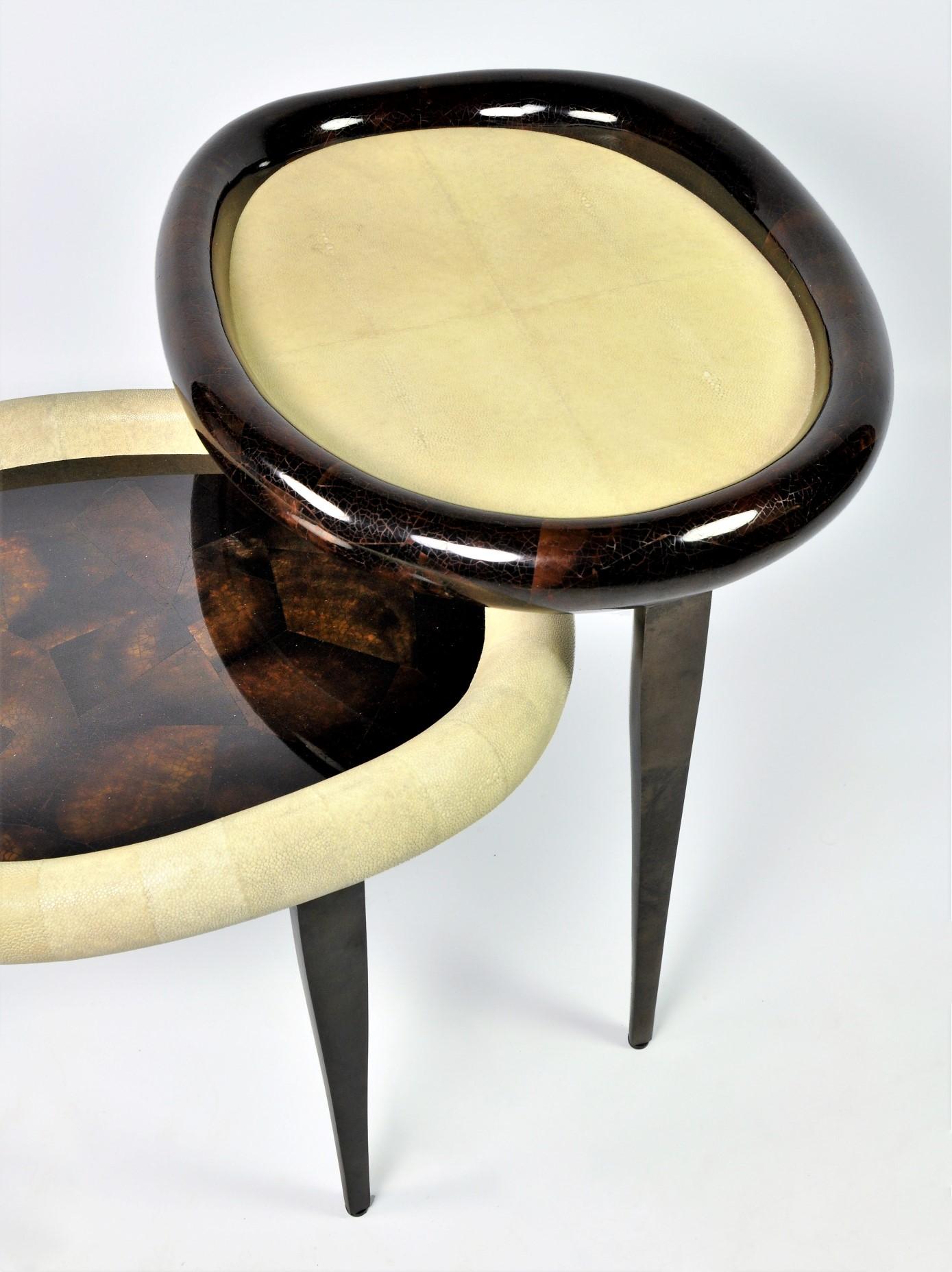 Organic Modern Shagreen Nesting Tables with Shell Marquetry and Parchment feet by Ginger Brown For Sale