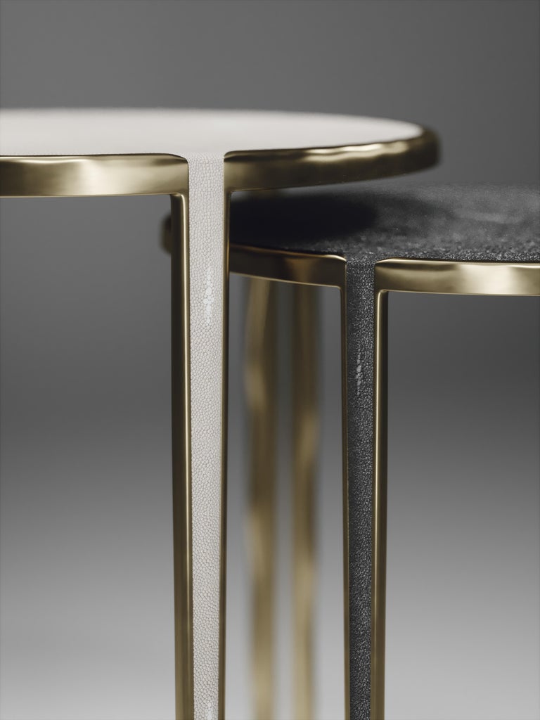 Shagreen and Quartz Nesting Tables w/ BronzePatina Brass Accents by R