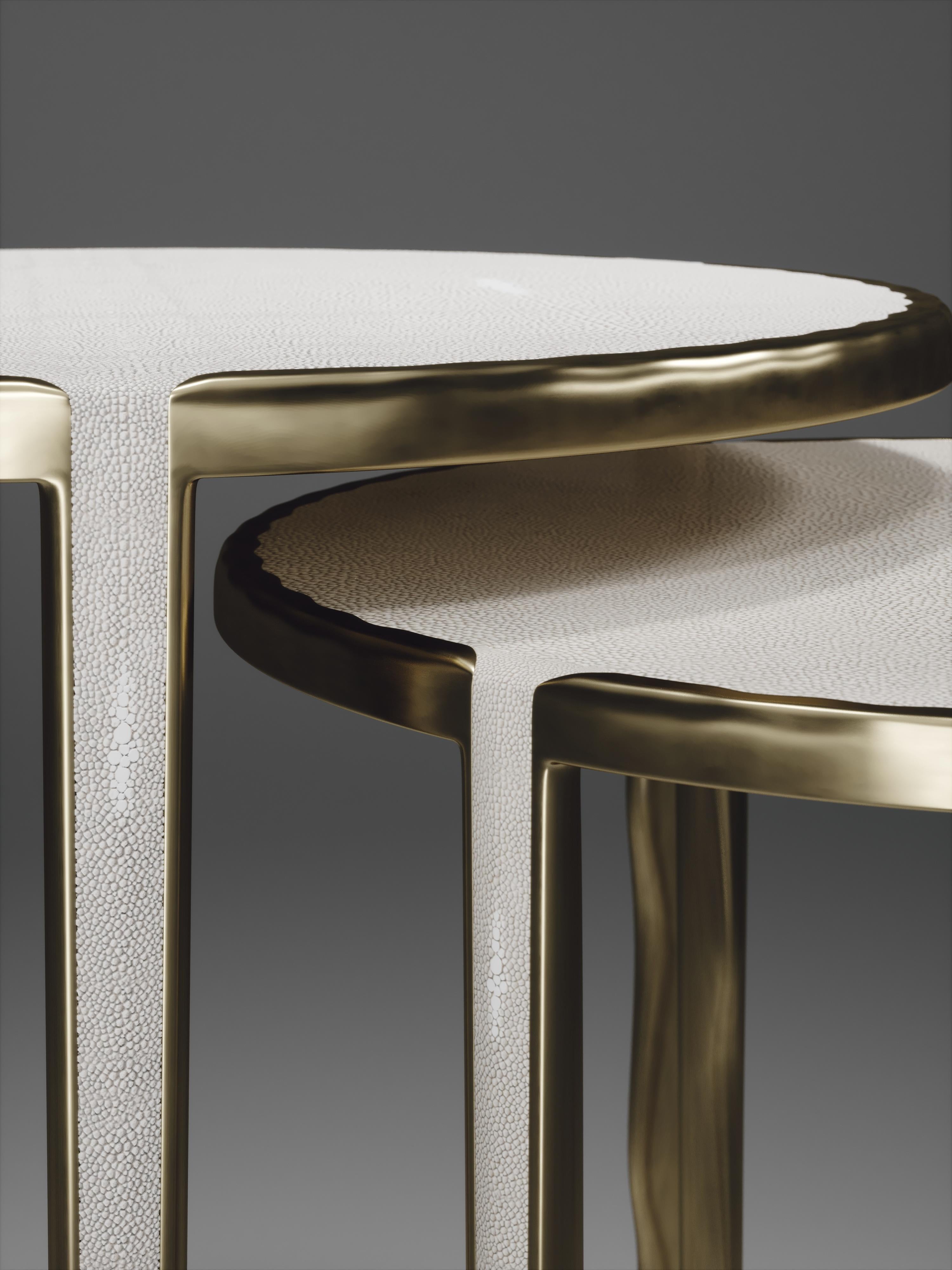 Shagreen & Quartz Nesting Tables w/ Bronze-Patina Brass Accents by R&Y Augousti For Sale 7