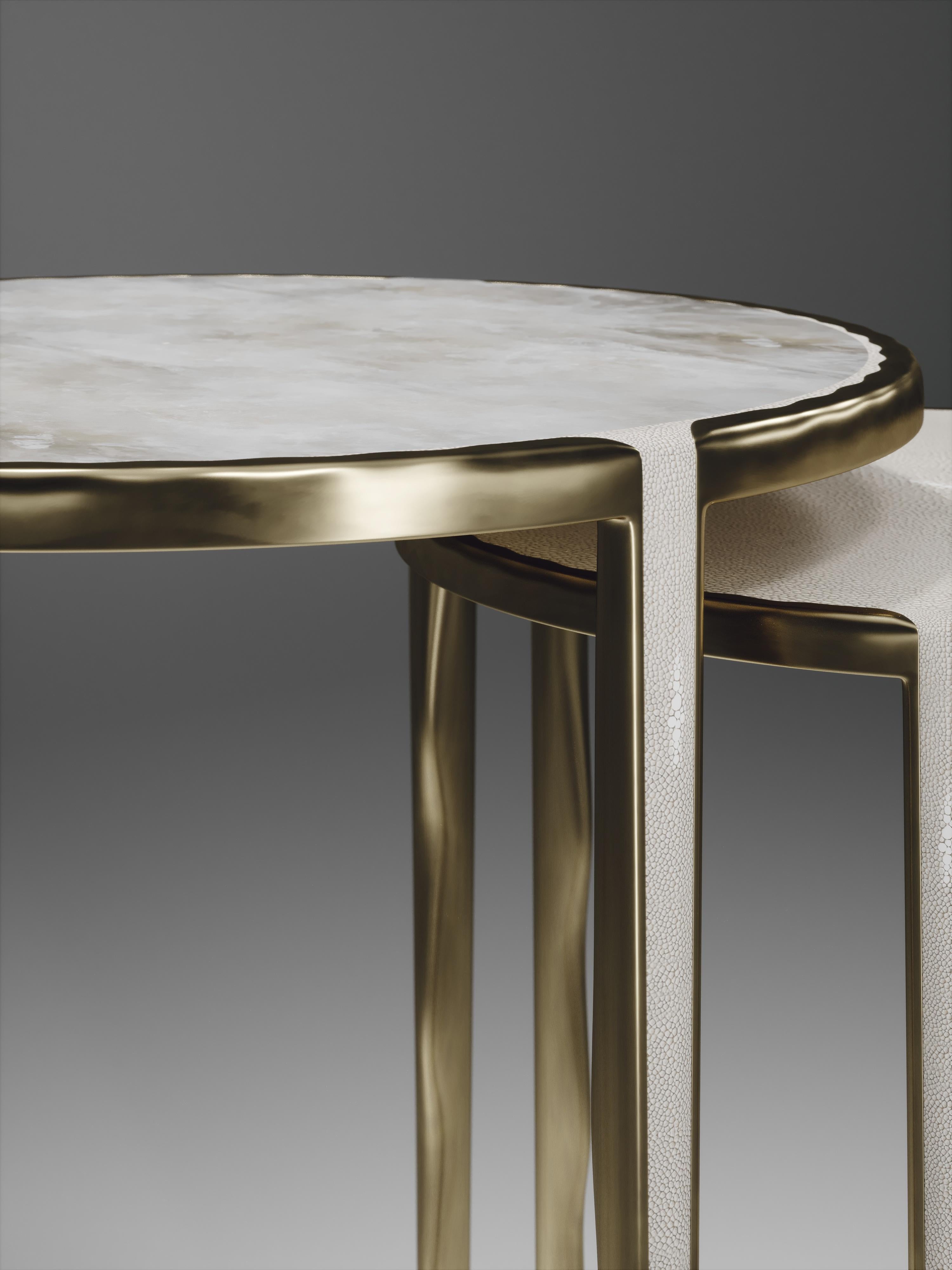 French Shagreen & Quartz Nesting Tables w/ Bronze-Patina Brass Accents by R&Y Augousti For Sale