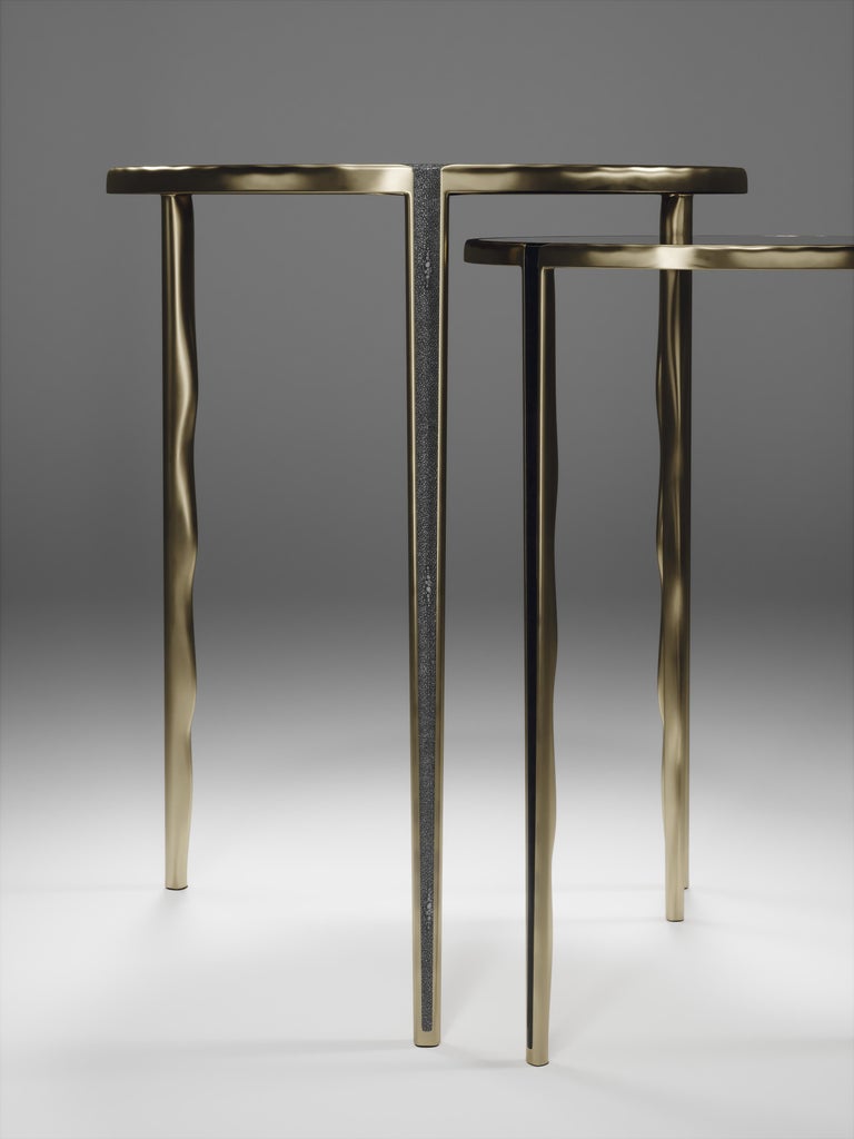 Shagreen and Quartz Nesting Tables w/ BronzePatina Brass Accents by R
