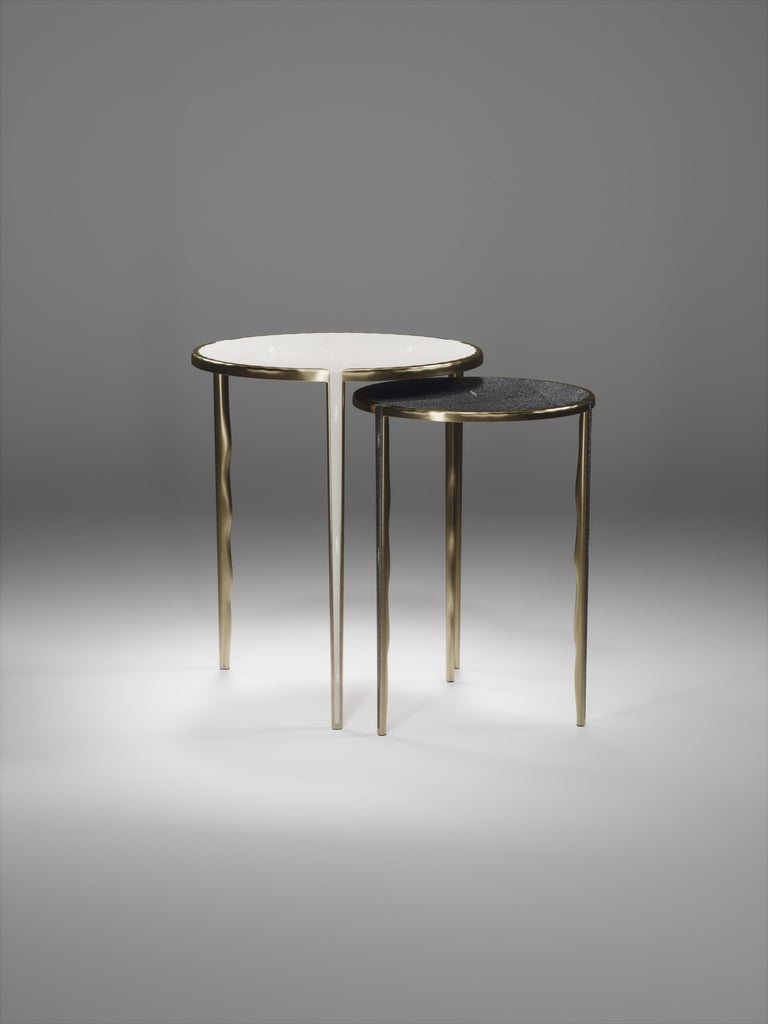 Shagreen and Quartz Nesting Tables w/ BronzePatina Brass Accents by R