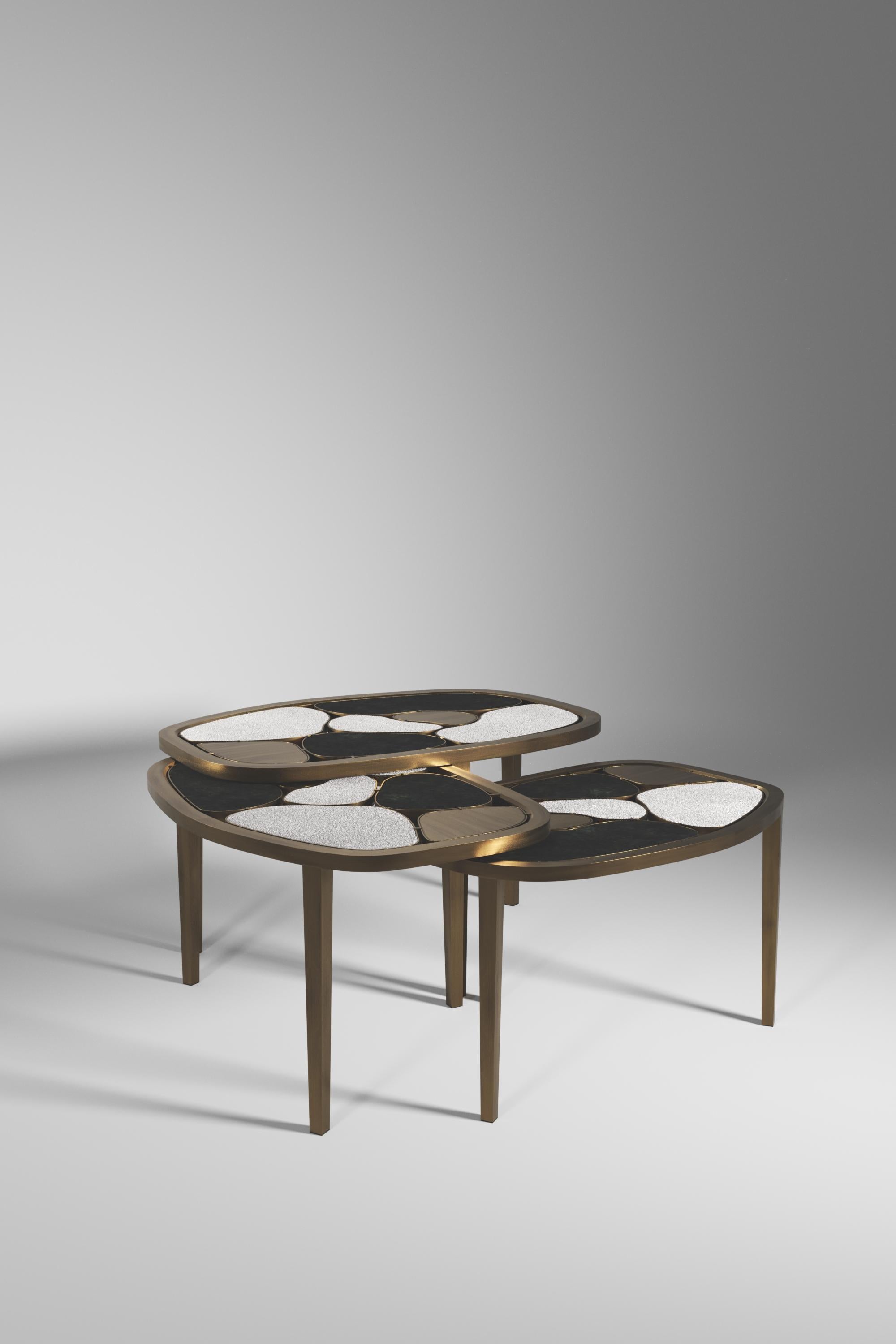 Art Deco Shagreen, Quartz & Onyx Nesting Coffee Table with Brass Details by Kifu Paris For Sale