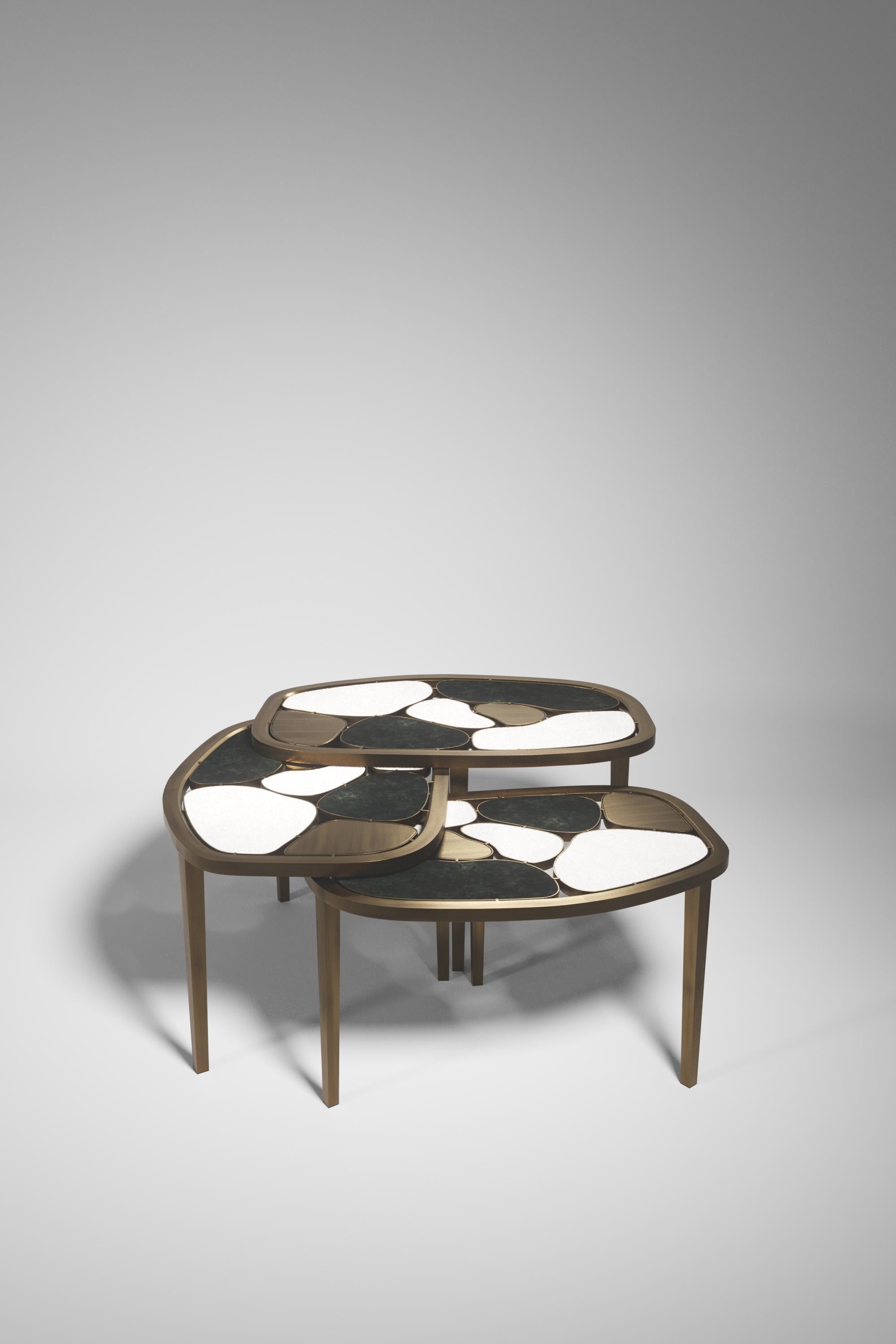 Art Deco Shagreen, Quartz & Onyx Nesting Coffee Tables with Brass Details by Kifu Paris For Sale
