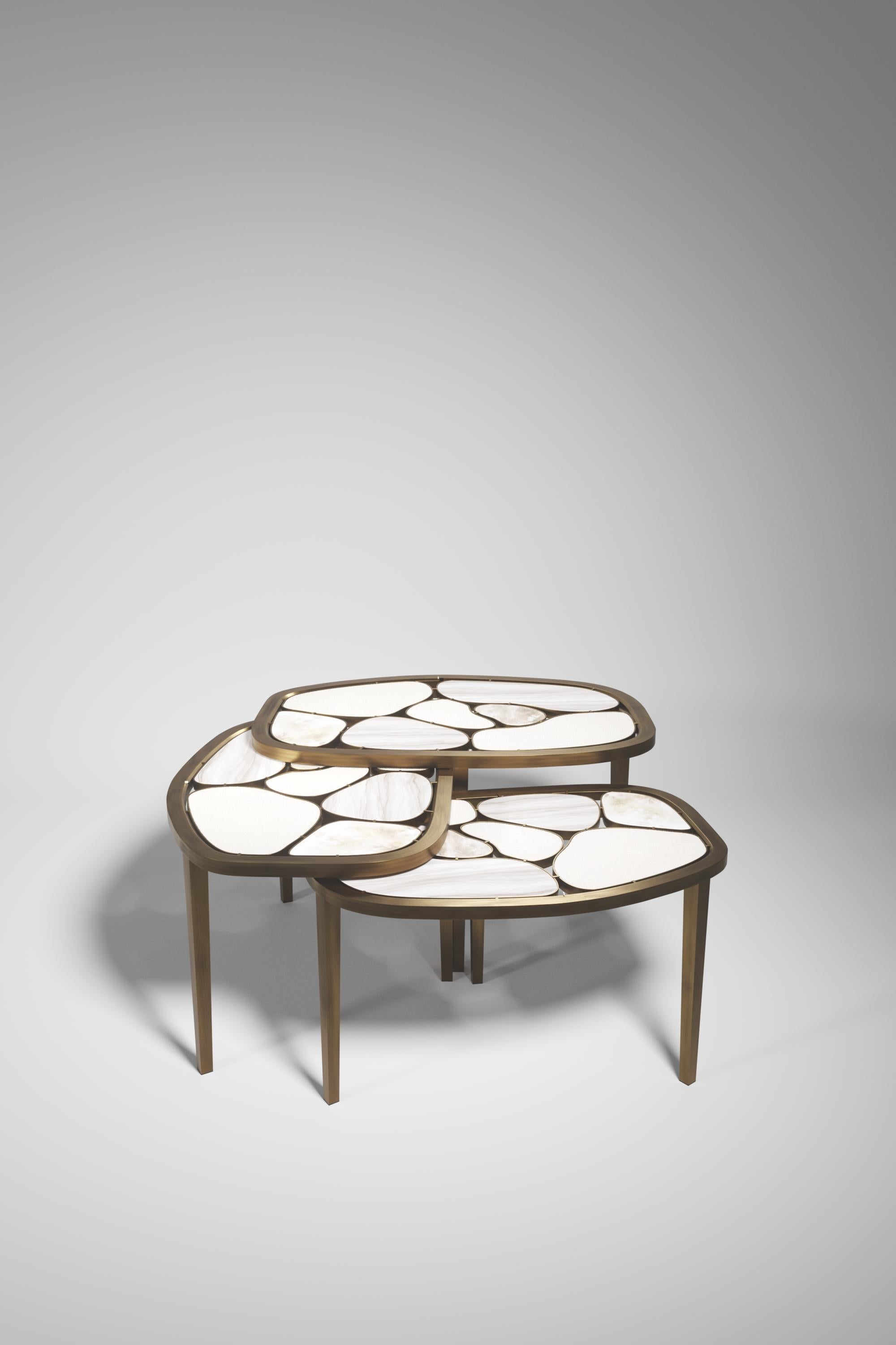 Inlay Shagreen, Quartz & Onyx Nesting Coffee Tables with Brass Details by Kifu Paris For Sale