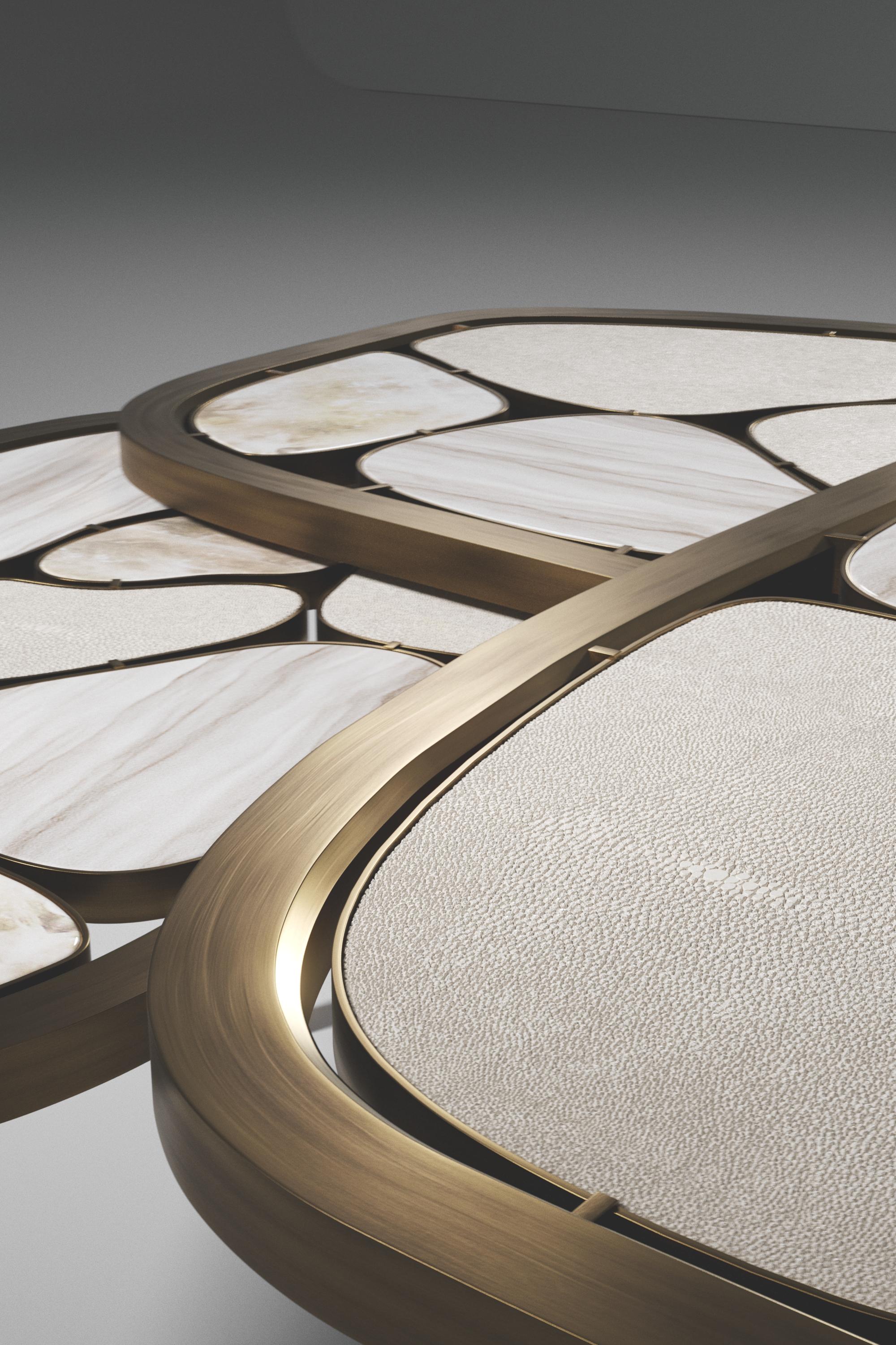Shagreen, Quartz & Shell Nesting Coffee Tables with Brass Details by Kifu Paris For Sale 4