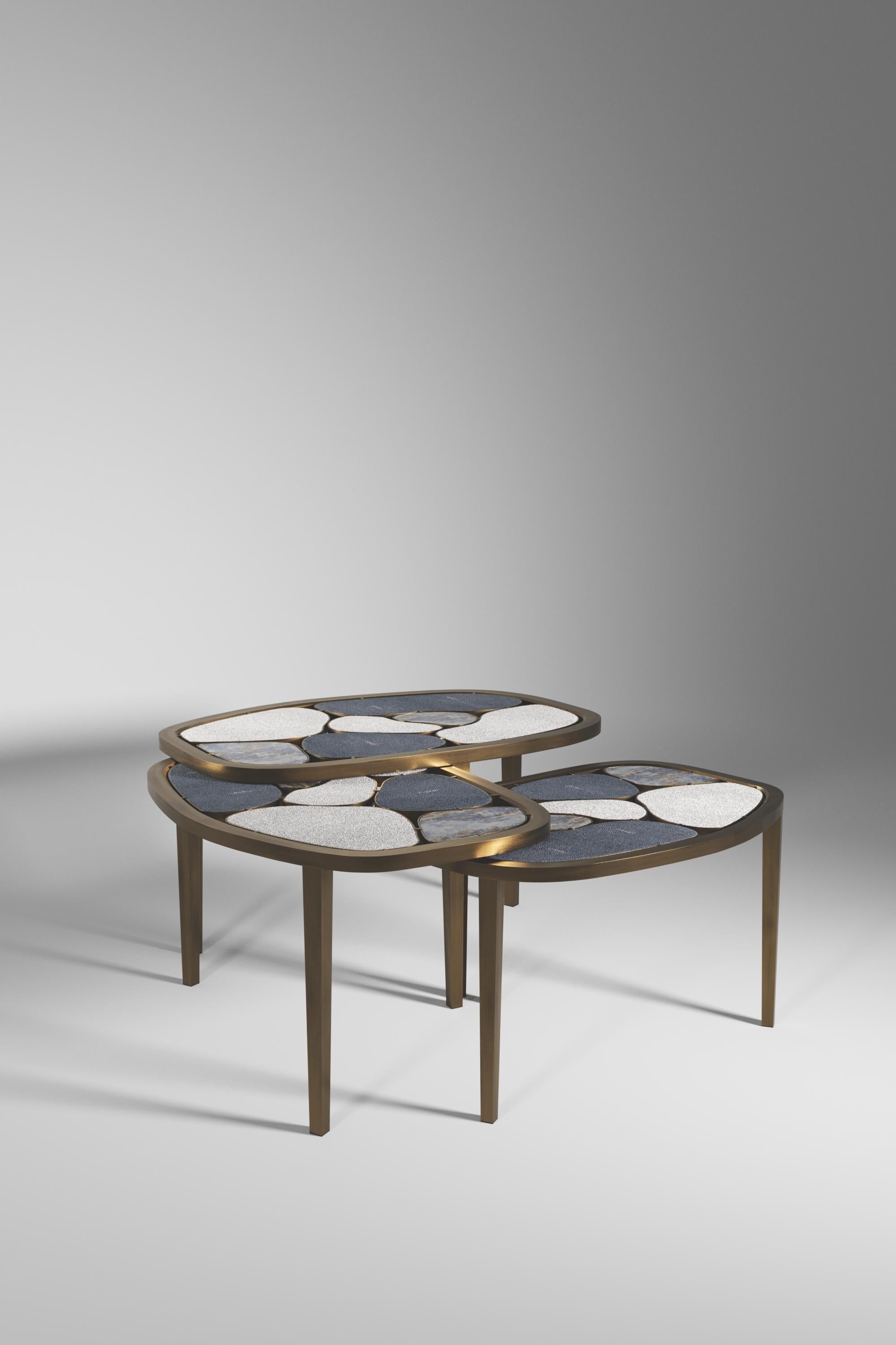 Shagreen, Quartz & Shell Nesting Coffee Tables with Brass Details by Kifu Paris For Sale 5