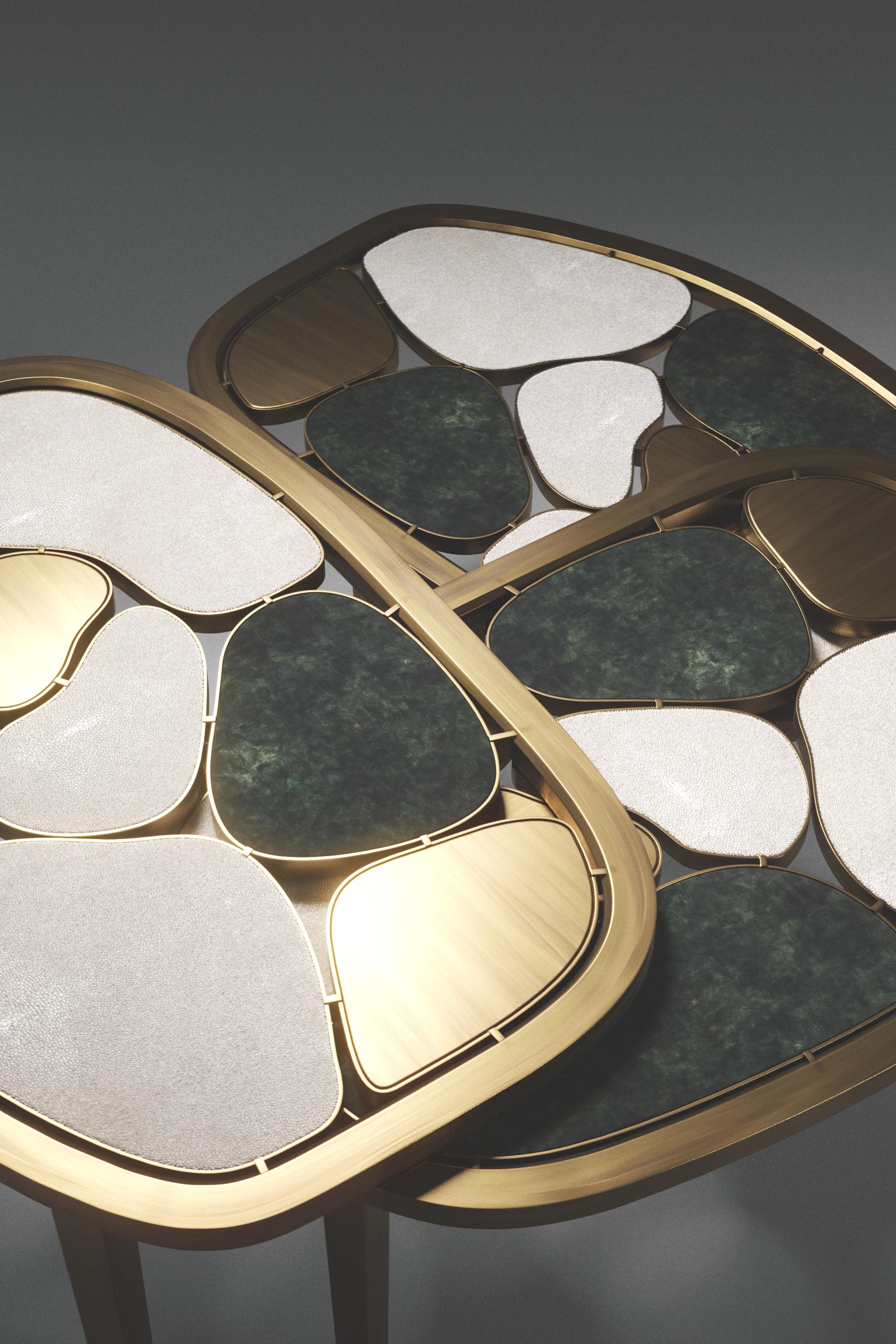 Shagreen, Quartz & Shell Nesting Coffee Tables with Brass Details by Kifu Paris For Sale 9