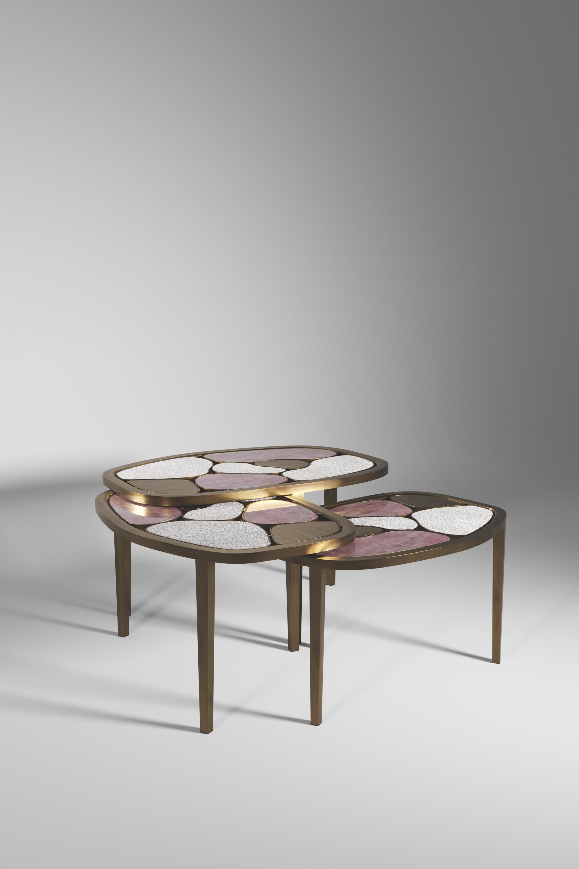 Shagreen, Quartz & Shell Nesting Coffee Tables with Brass Details by Kifu Paris For Sale 10