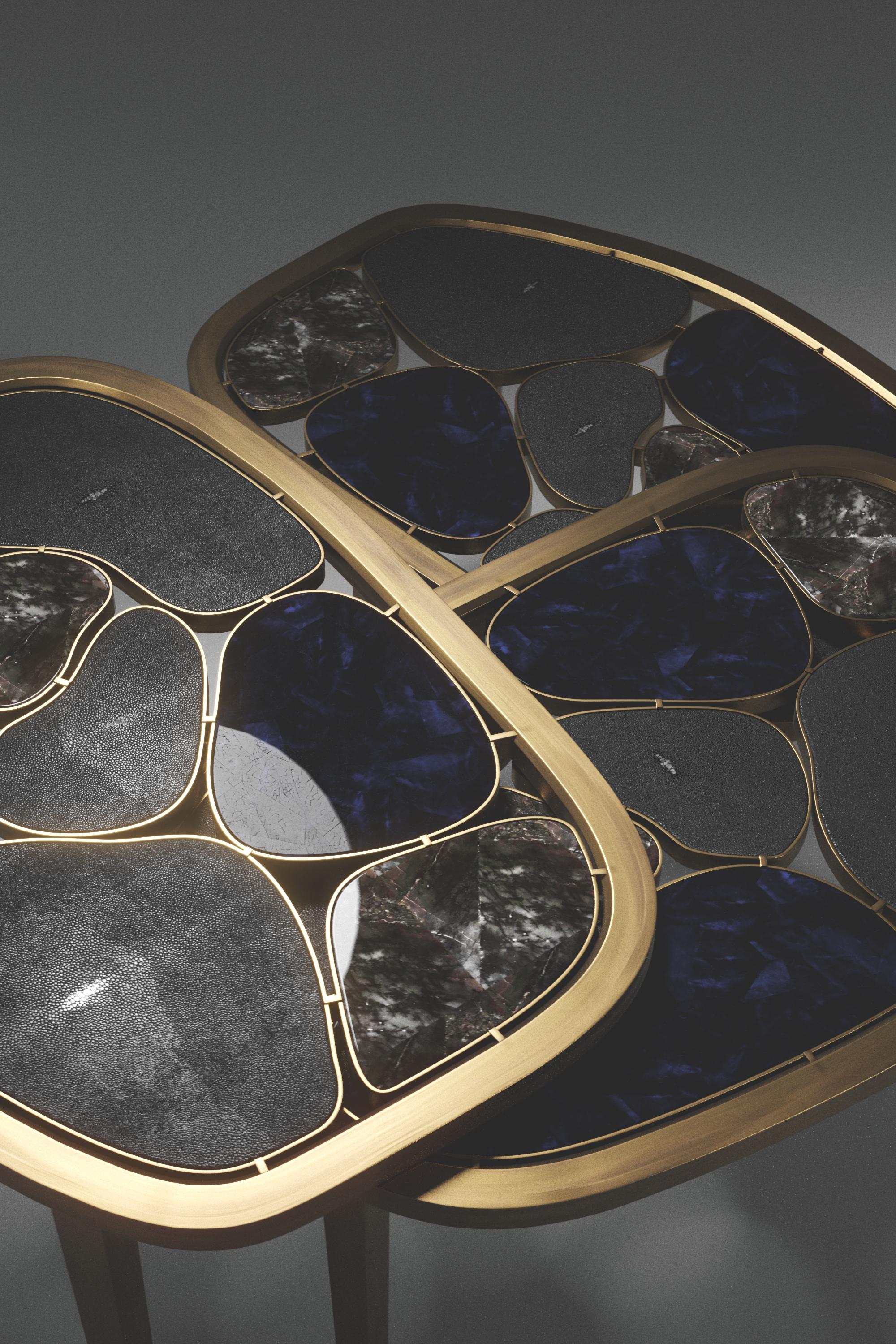 Art Deco Shagreen, Quartz & Shell Nesting Coffee Tables with Brass Details by Kifu Paris For Sale