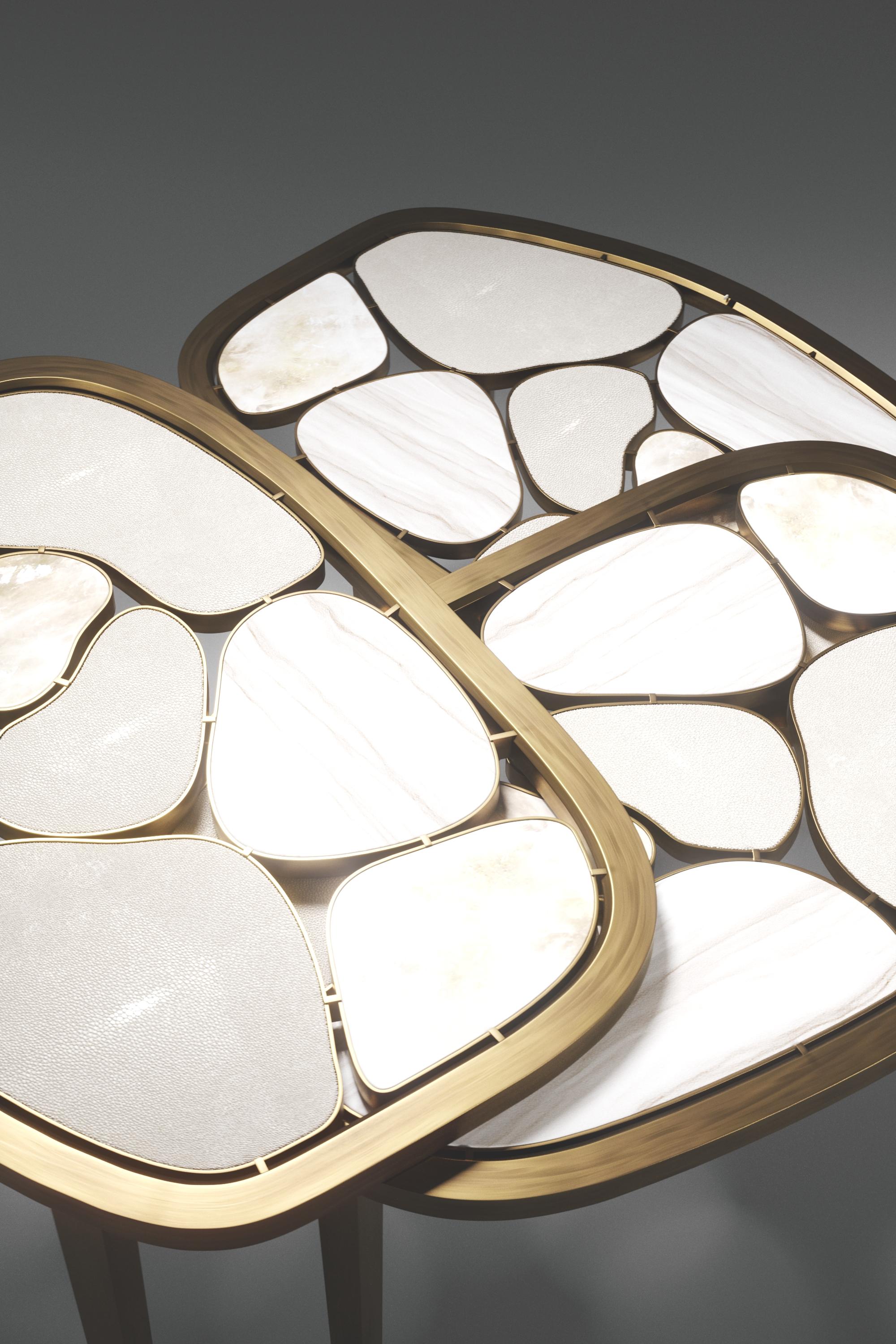 Shagreen, Quartz & Shell Nesting Coffee Tables with Brass Details by Kifu Paris For Sale 1