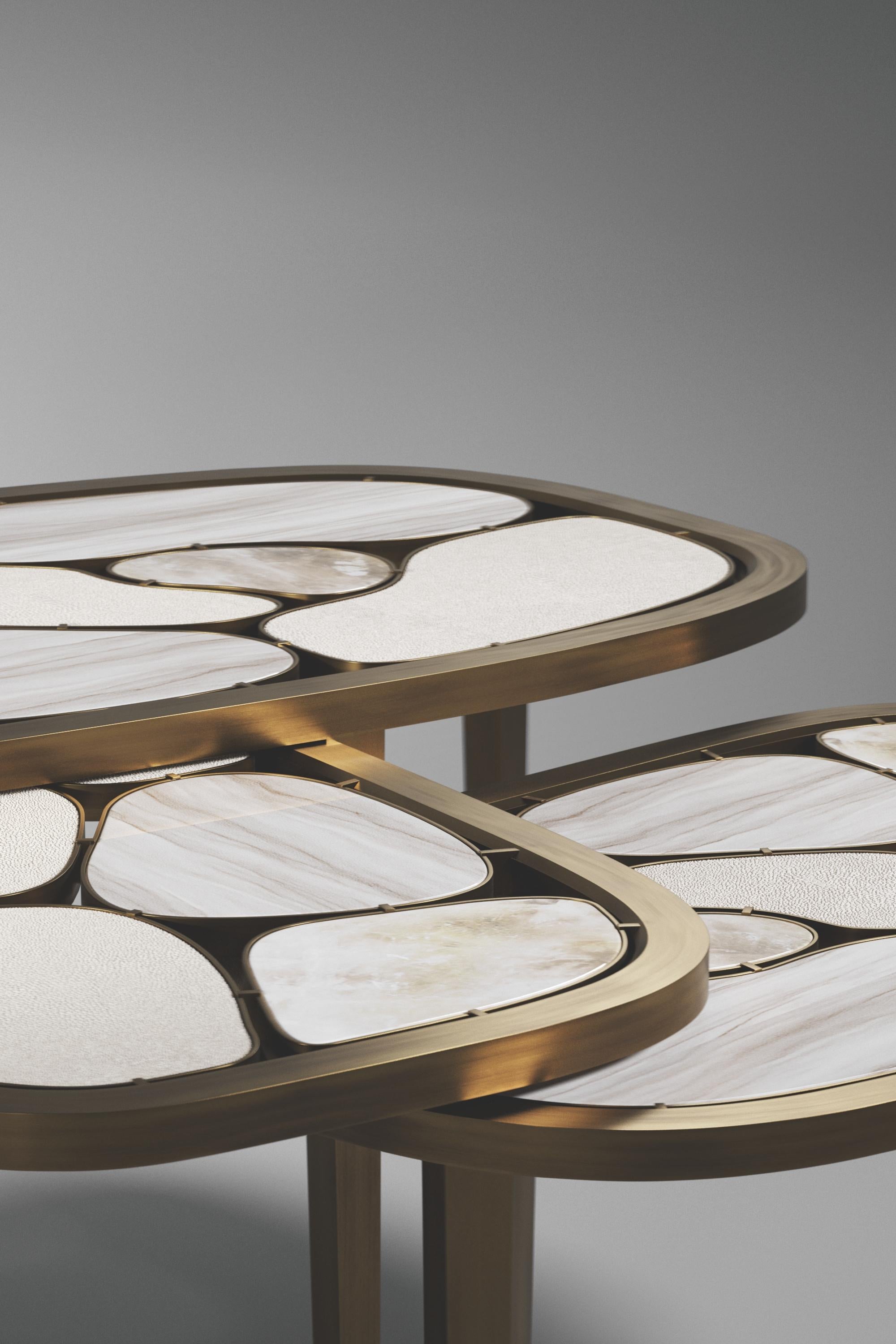 Shagreen, Quartz & Shell Nesting Coffee Tables with Brass Details by Kifu Paris For Sale 2