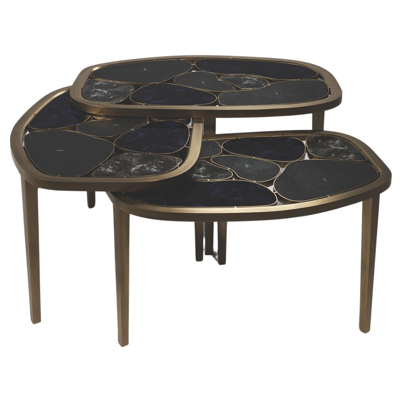Shagreen, Quartz & Shell Nesting Coffee Tables with Brass Details by Kifu Paris For Sale