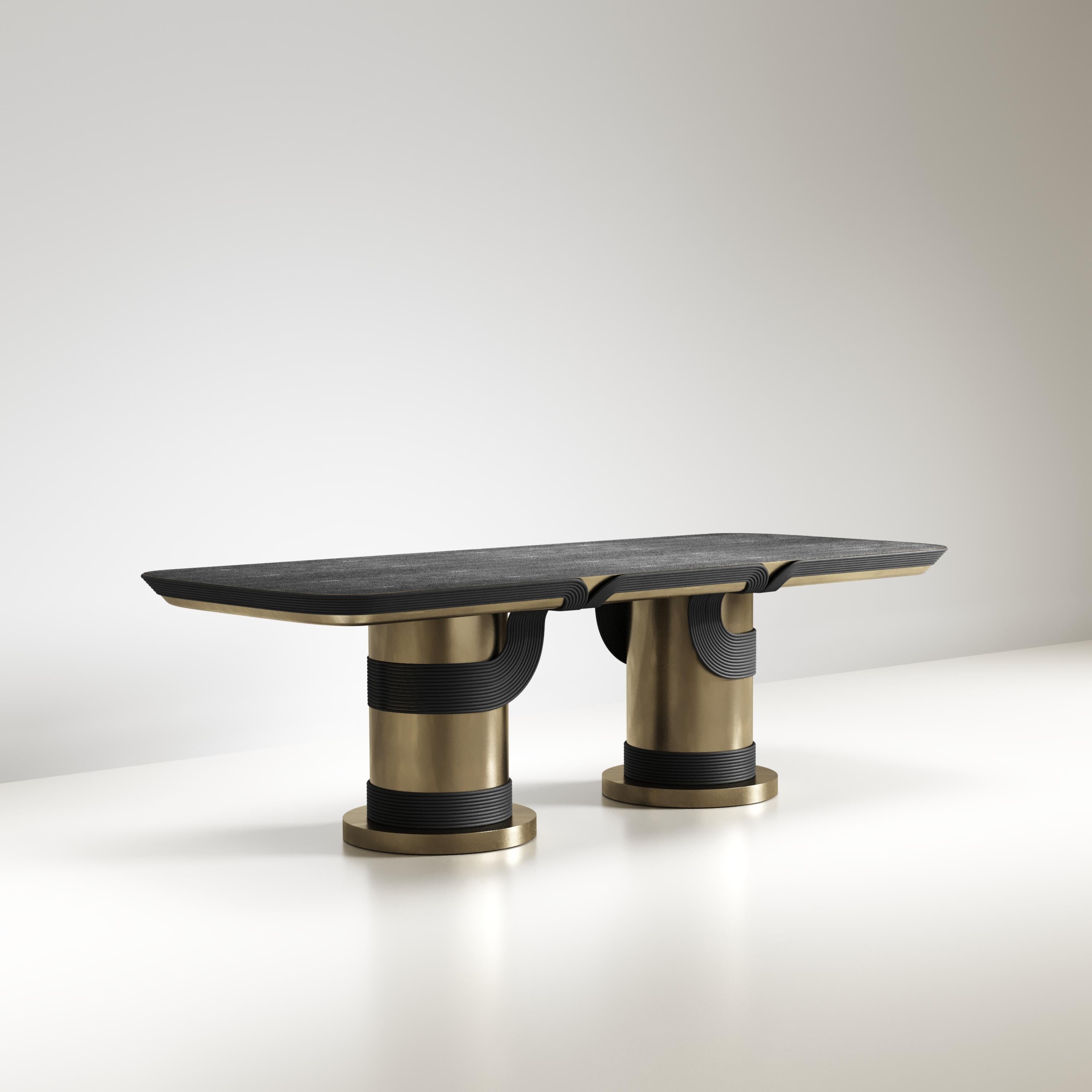 Table de salle à manger sculpturale en rotin de galuchat et laiton par R&Y Augousti en vente 2