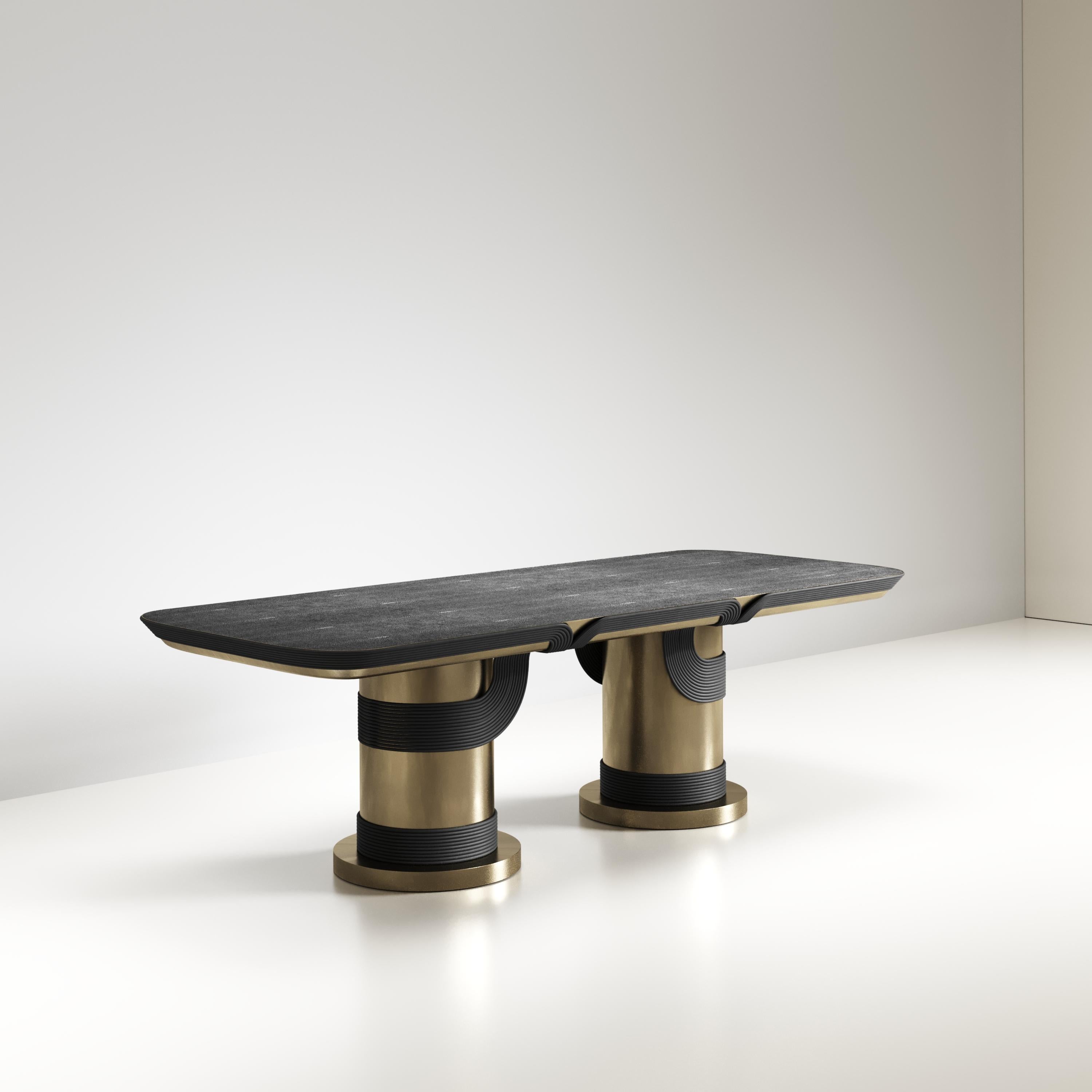 Table de salle à manger sculpturale en rotin de galuchat et laiton par R&Y Augousti en vente 3