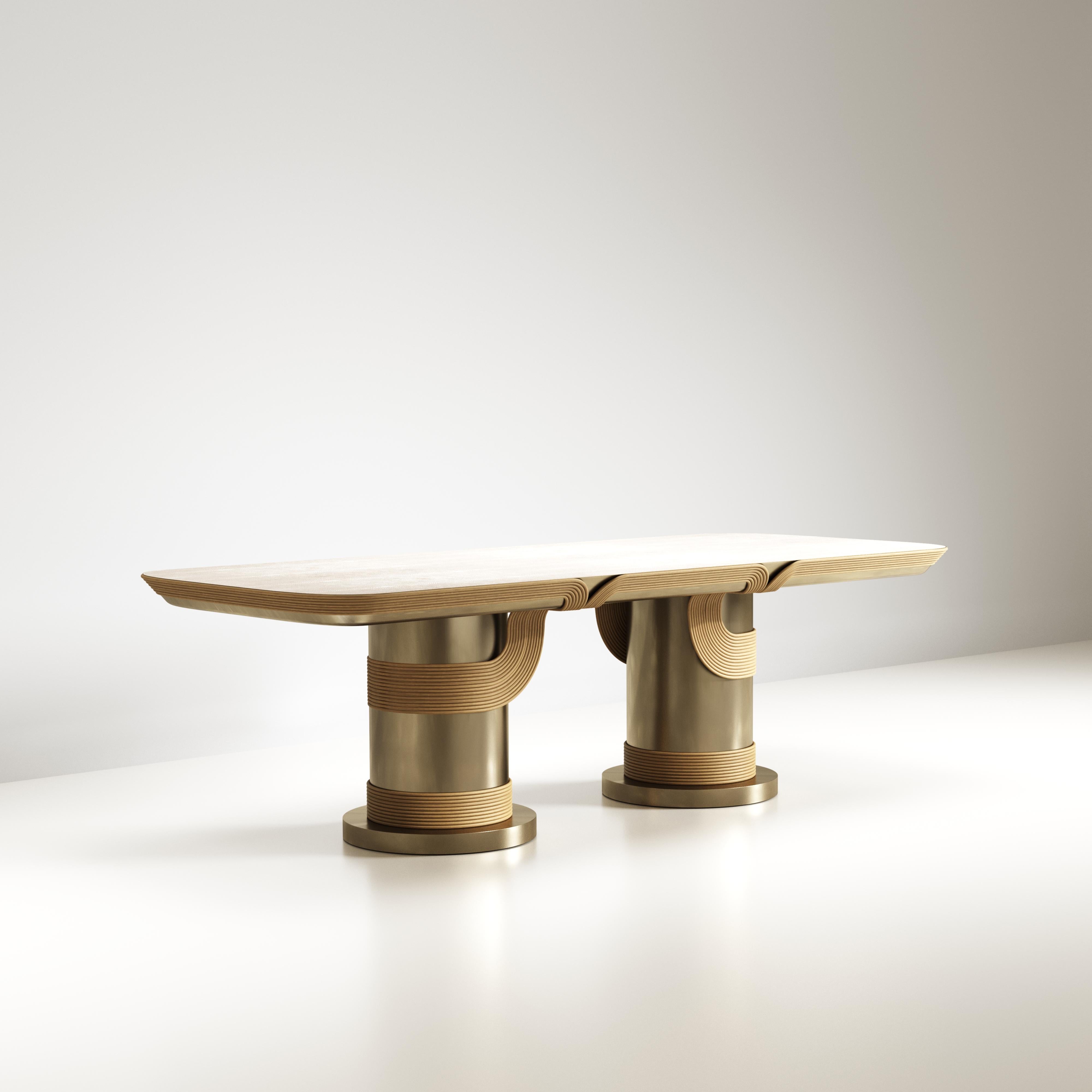 Table de salle à manger sculpturale en rotin de galuchat et laiton par R&Y Augousti en vente 7