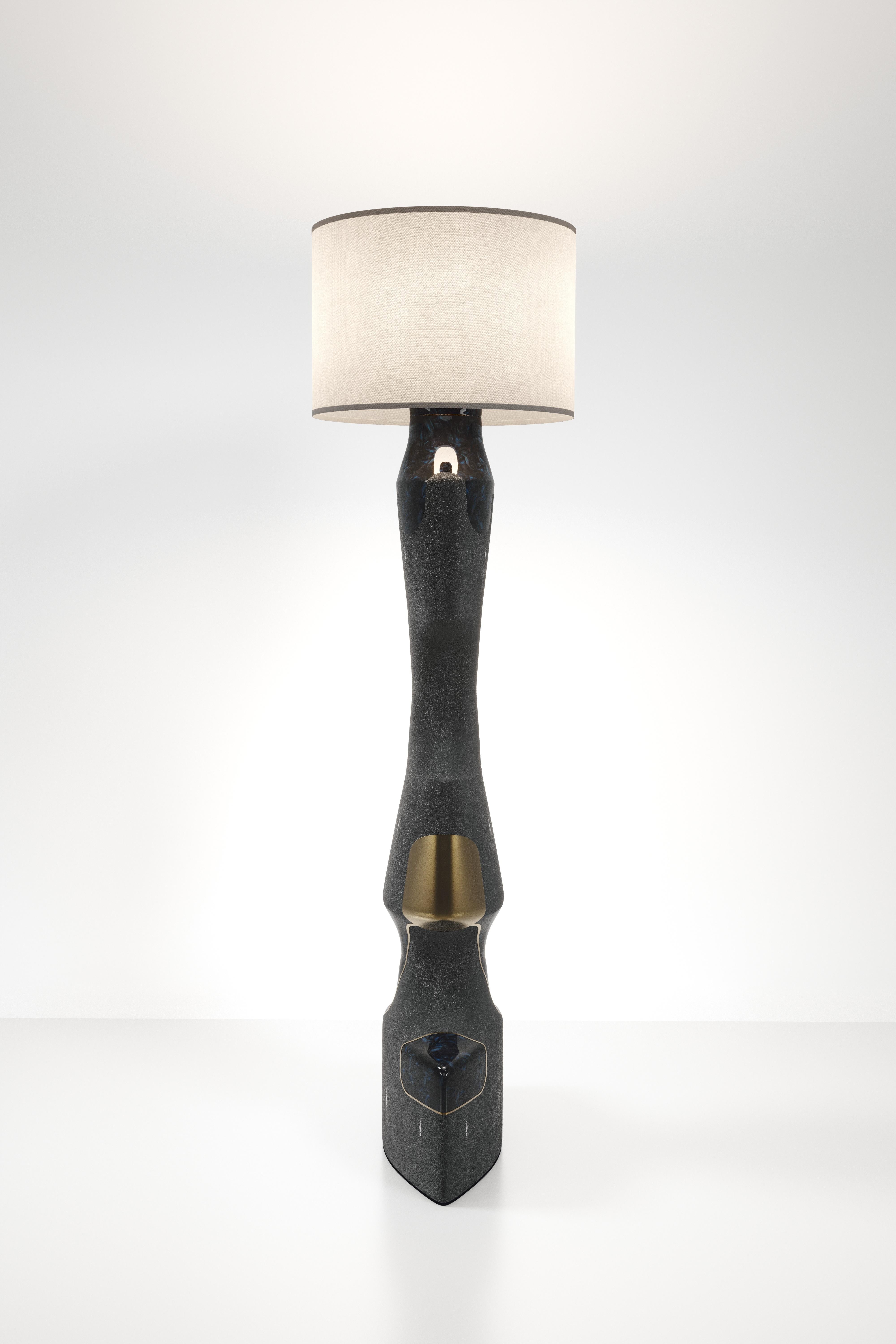 Art Deco Shagreen Sculptural Floor Lamp with Shell and Brass Details by R&Y Augousti For Sale