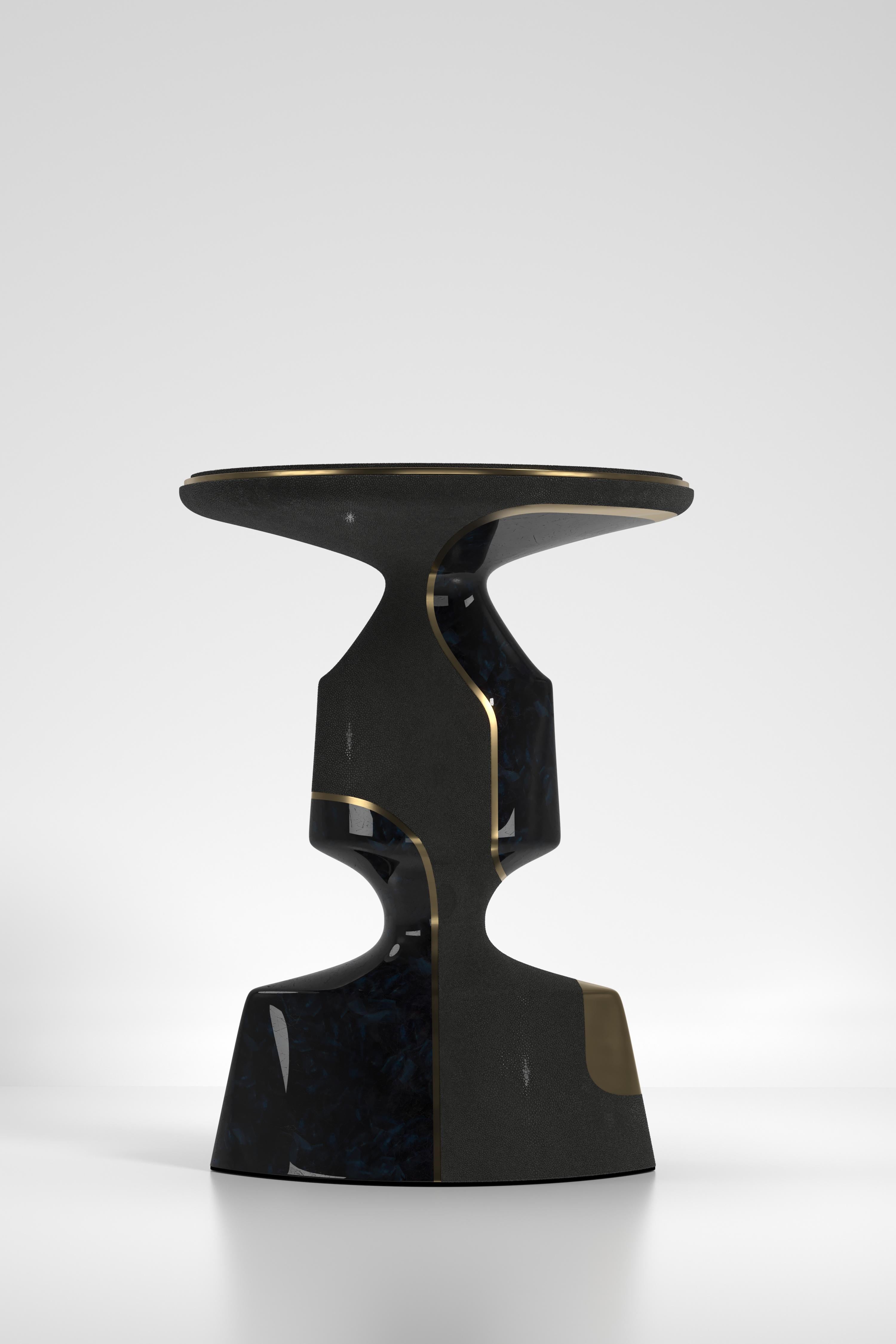 Art Deco Shagreen Sculptural Side Table with Shell and Brass Details by R&Y Augousti For Sale