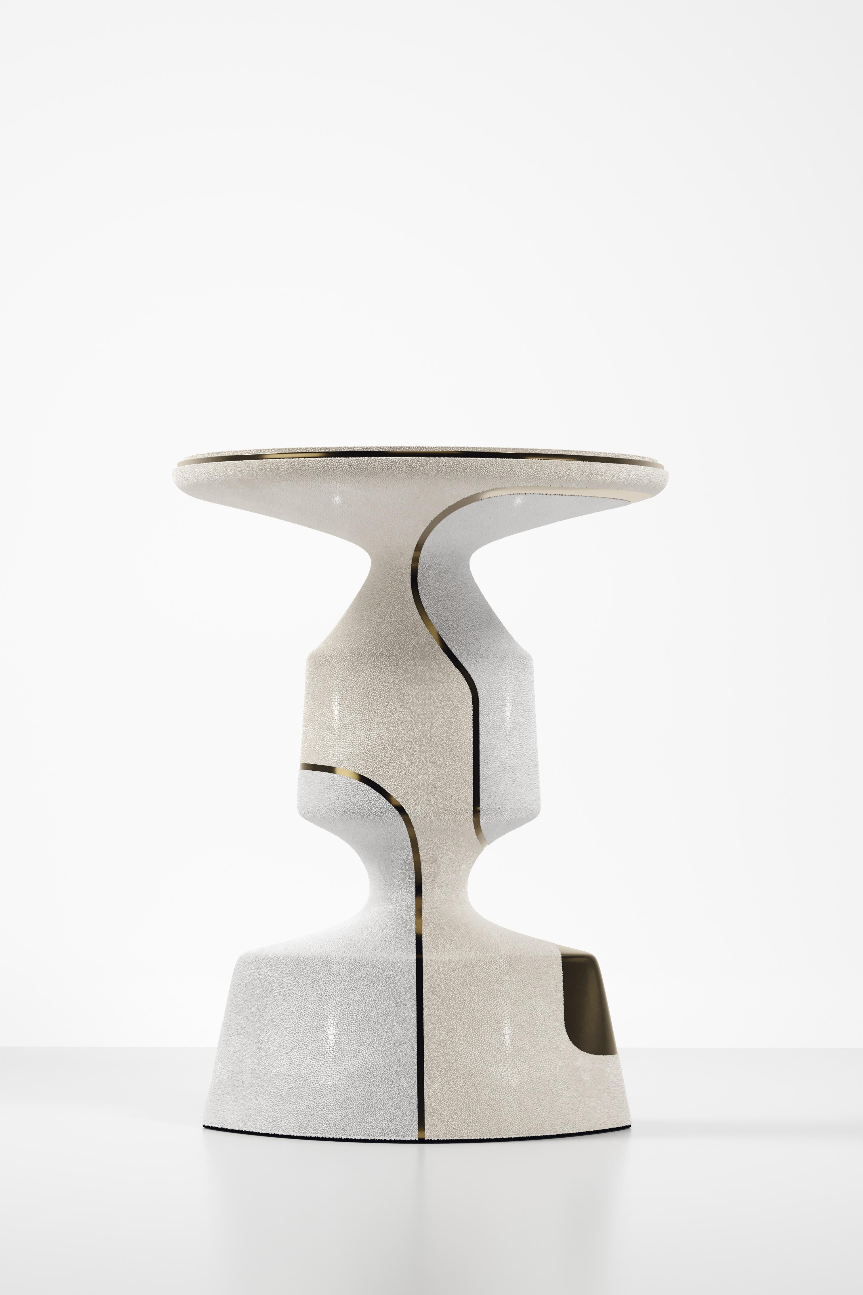Hand-Crafted Shagreen Sculptural Side Table with Shell and Brass Details by R&Y Augousti For Sale