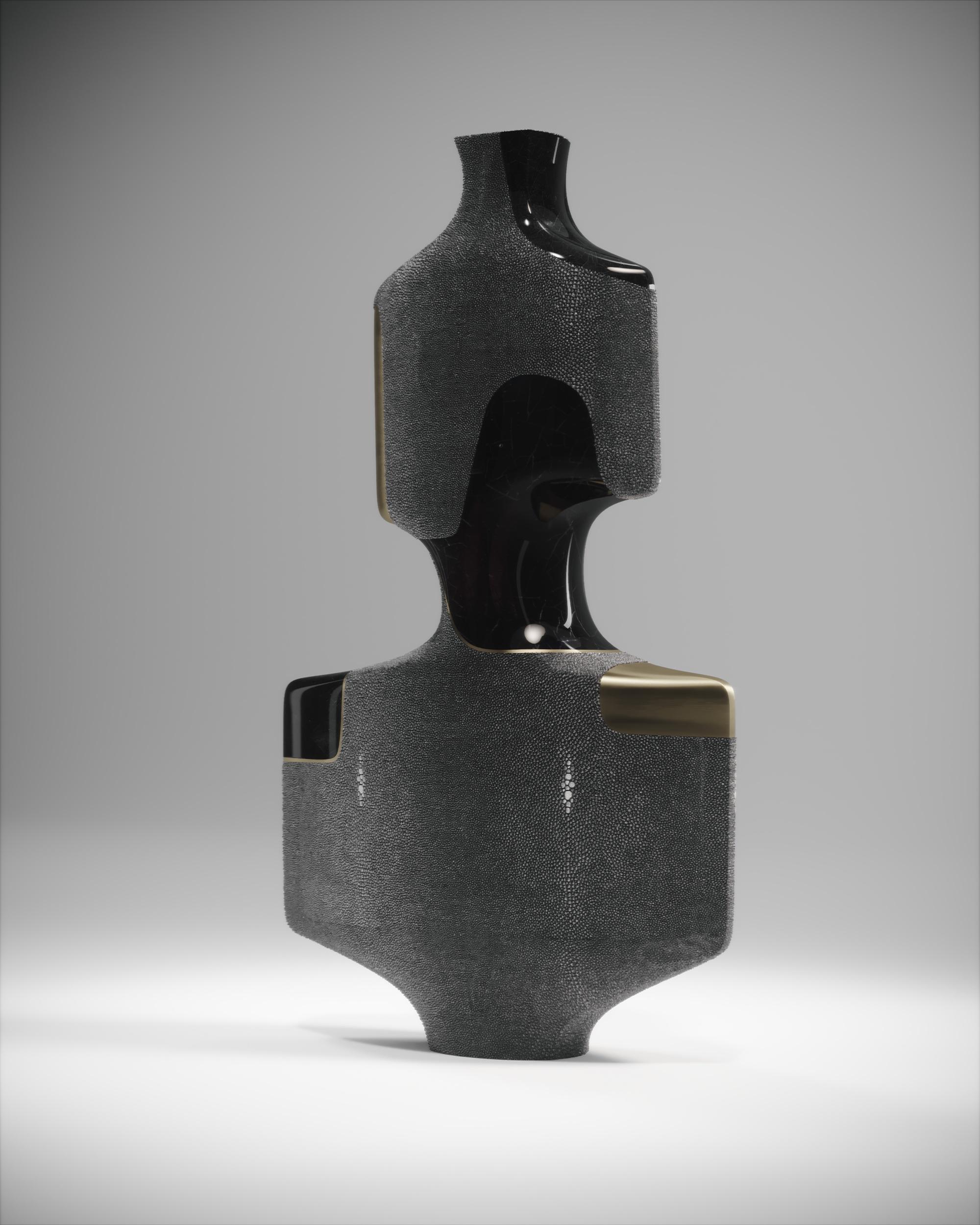 Art Deco Shagreen Sculptural Vase with Pen Shell and Brass Details by R&Y Augousti