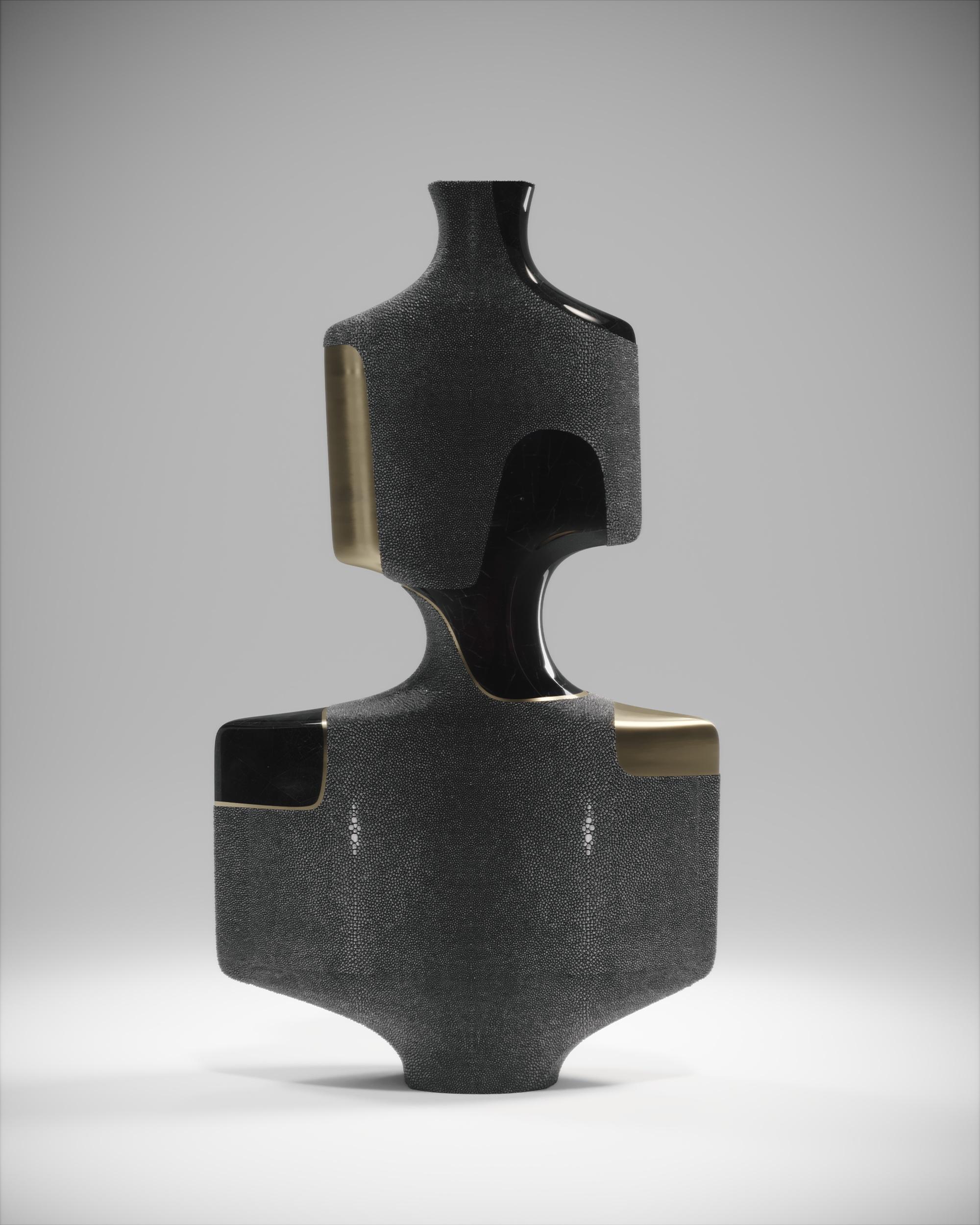 French Shagreen Sculptural Vase with Pen Shell and Brass Details by R&Y Augousti