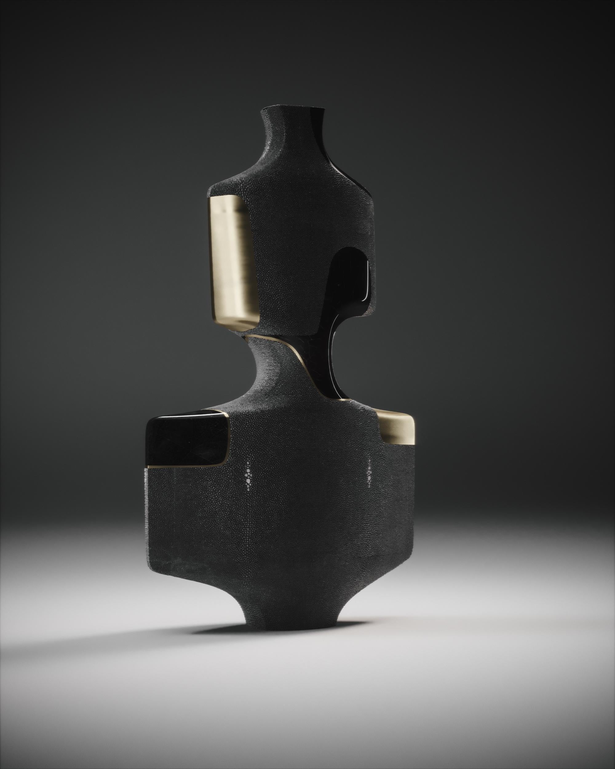 Contemporary Shagreen Sculptural Vase with Pen Shell and Brass Details by R&Y Augousti
