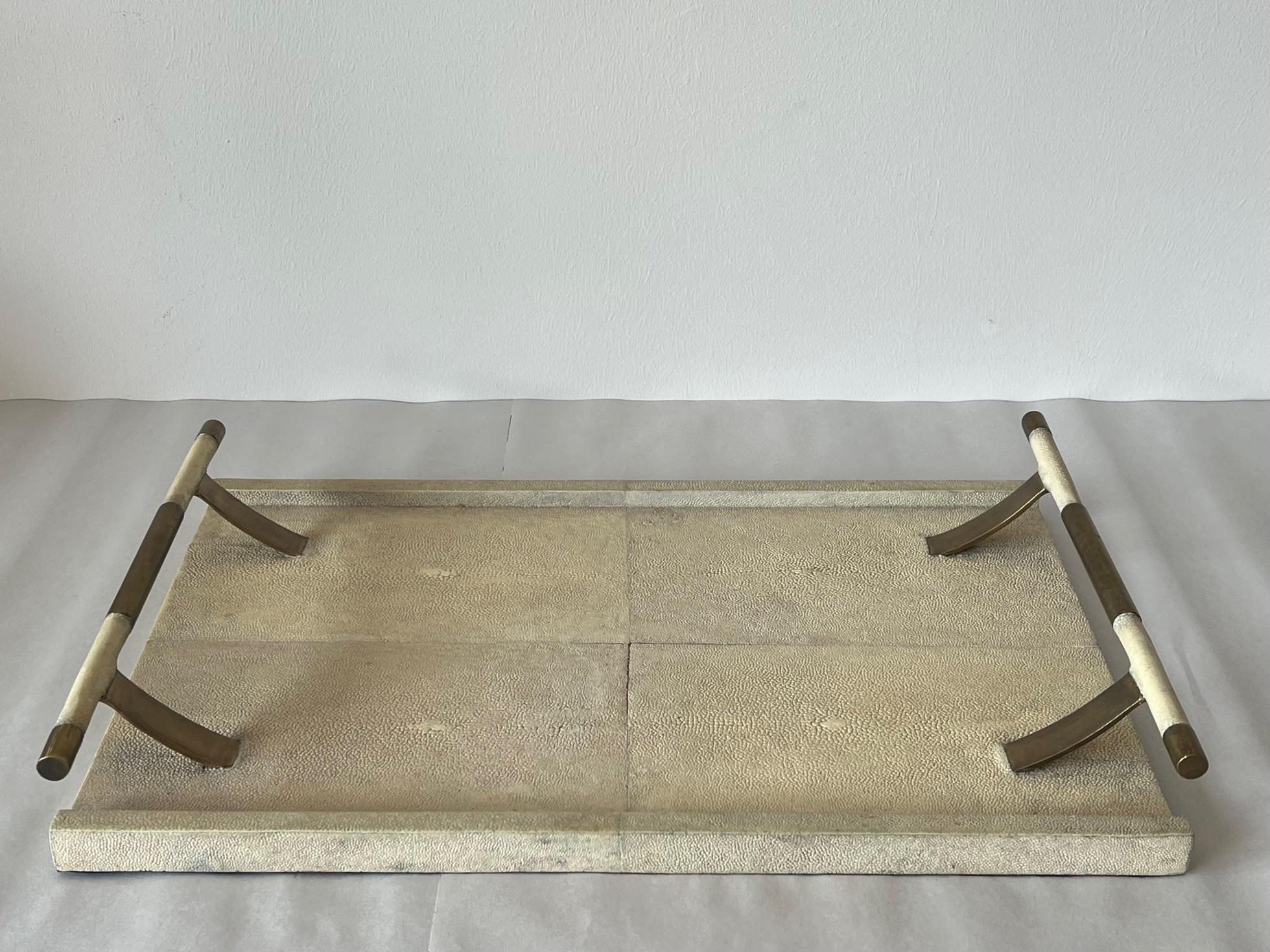 Unusual brass and shagreen serving tray by R & Y Augousti, Paris, manufactured in the Phillipines, ca' 1980s. Art Deco style, very well made.