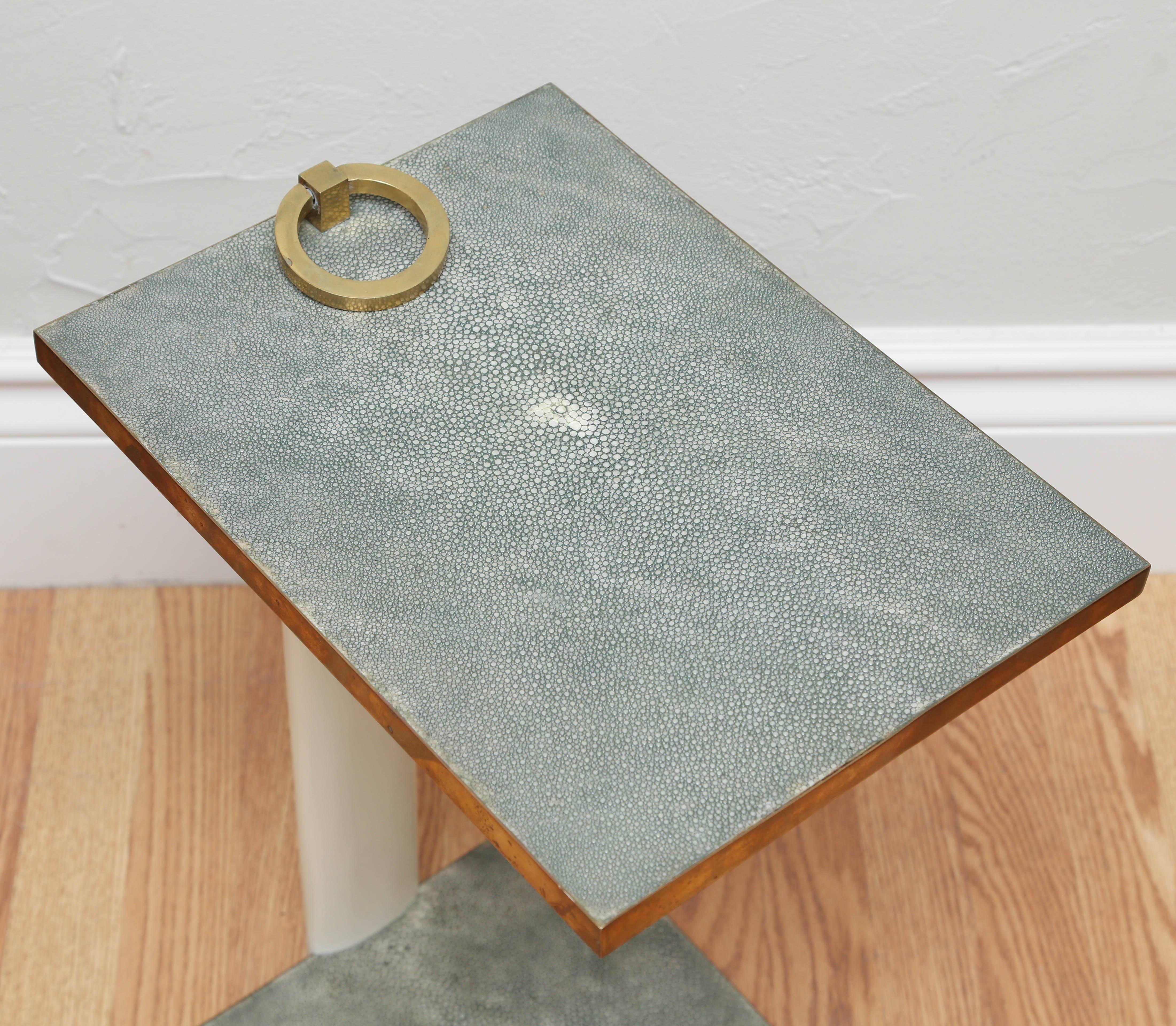 Stunning side table with shagreen base and top. Finished with brass surrounds and large solid brass ring at top.