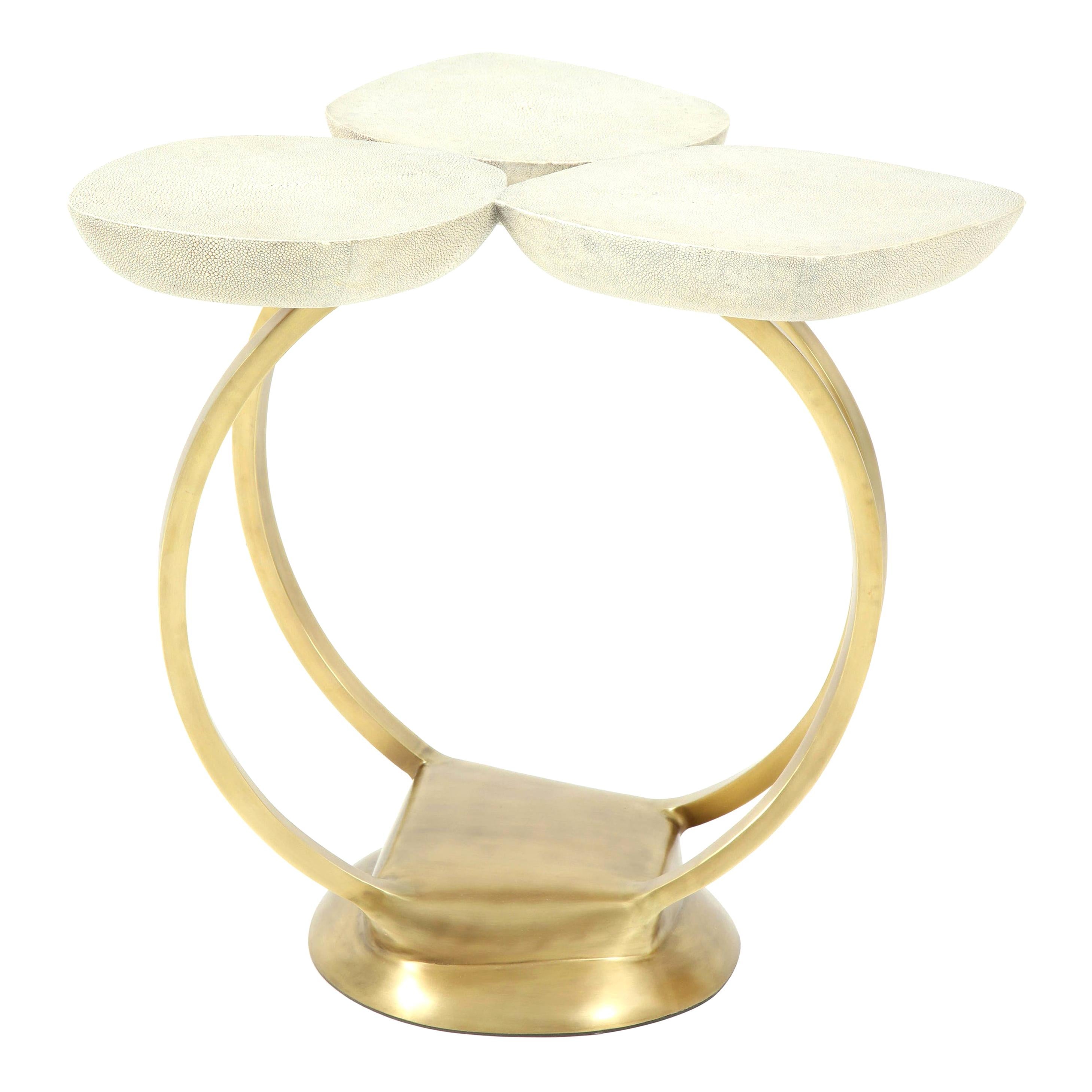 Shagreen Side Table with Brass Base, Cream Shagreen, Contemporary, Floral Design For Sale