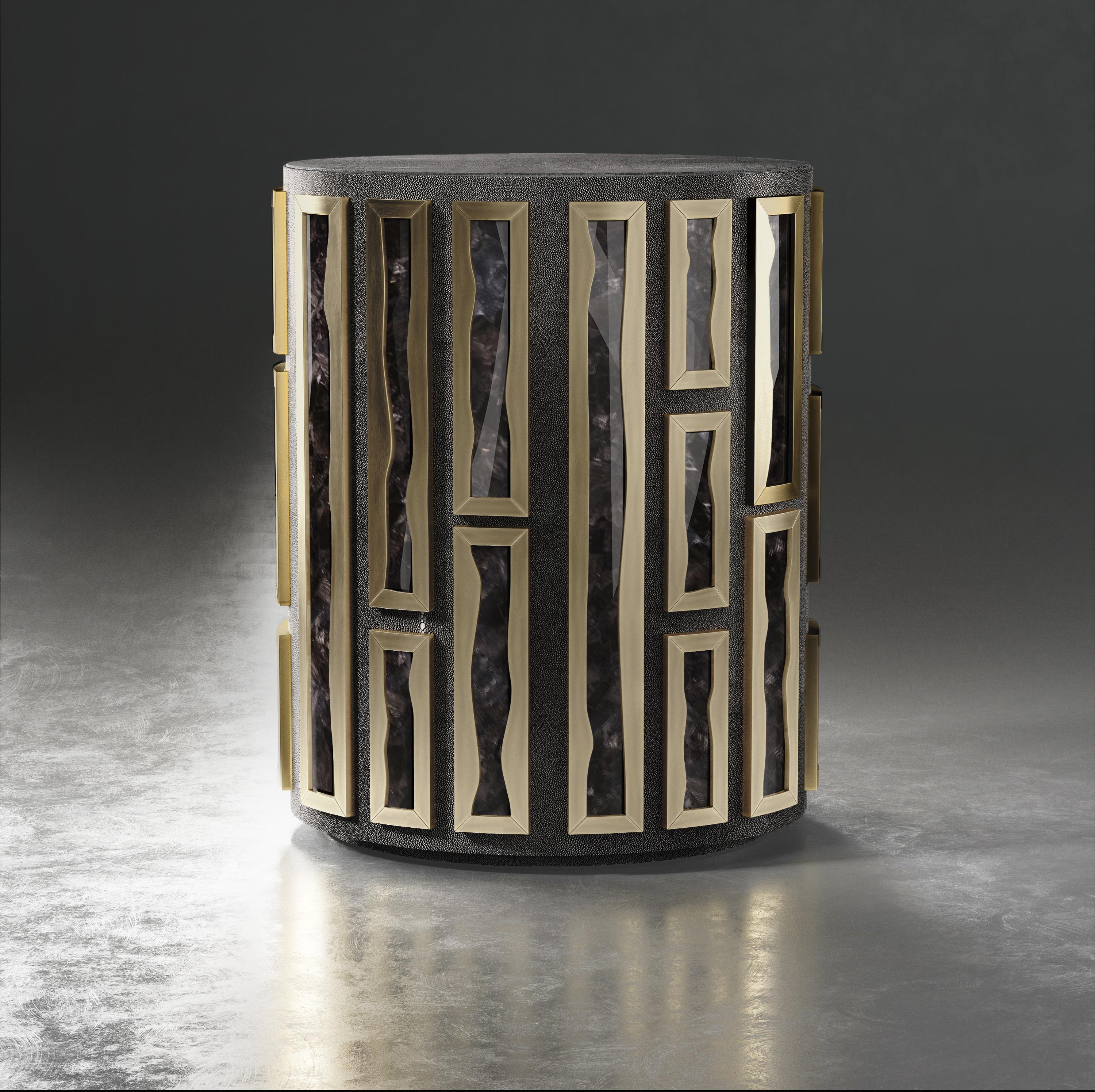 Hand-Crafted Shagreen Side Table with Quartz and Bronze-Patina Brass Details by R&Y Augousti For Sale