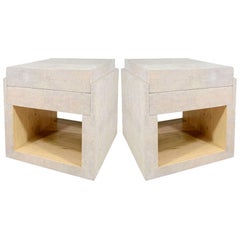 Shagreen Side Tables, Nightstands, Cream, with Two Drawers, France