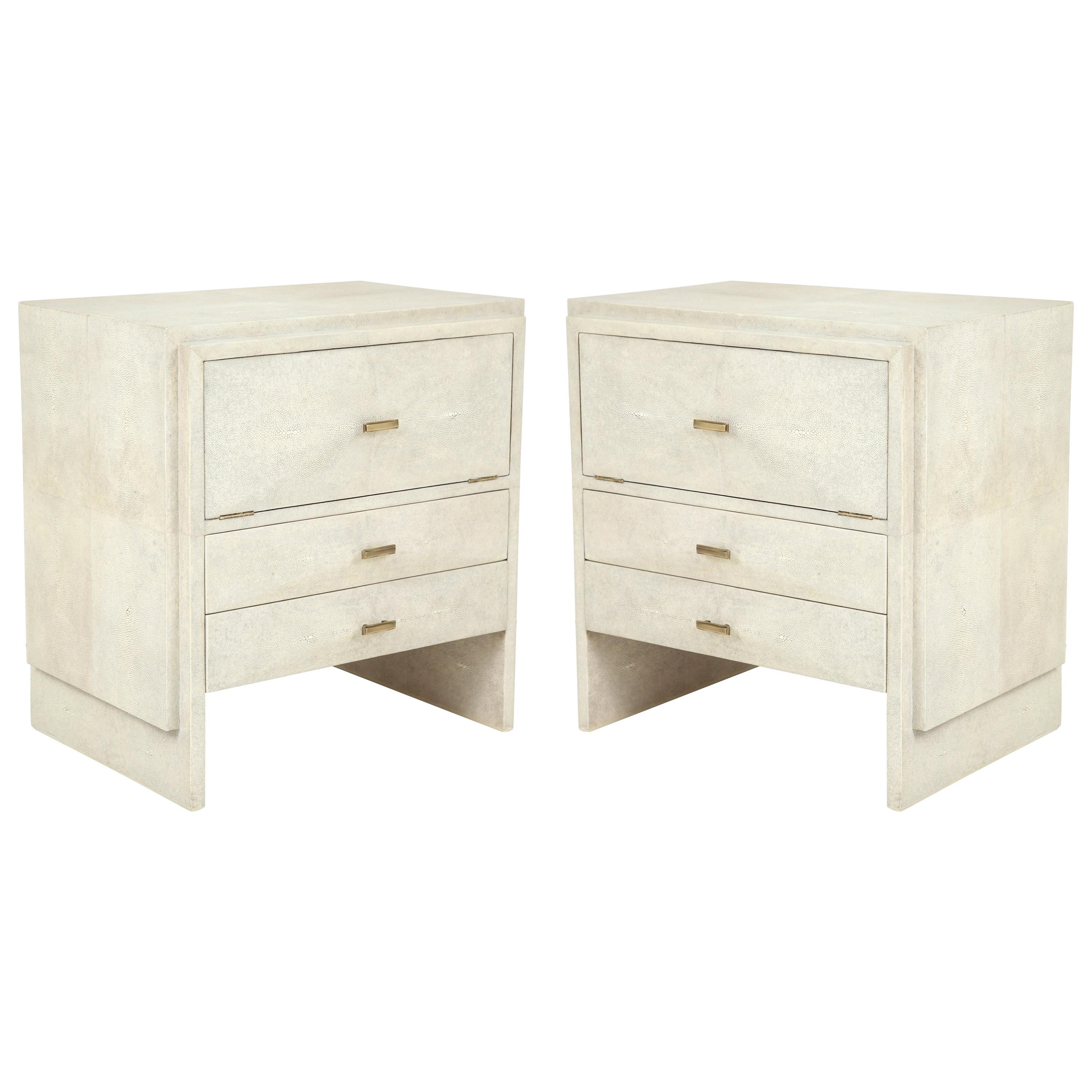 Shagreen Side Tables or Nightstands, Cream Colored Shagreen, Designed in France