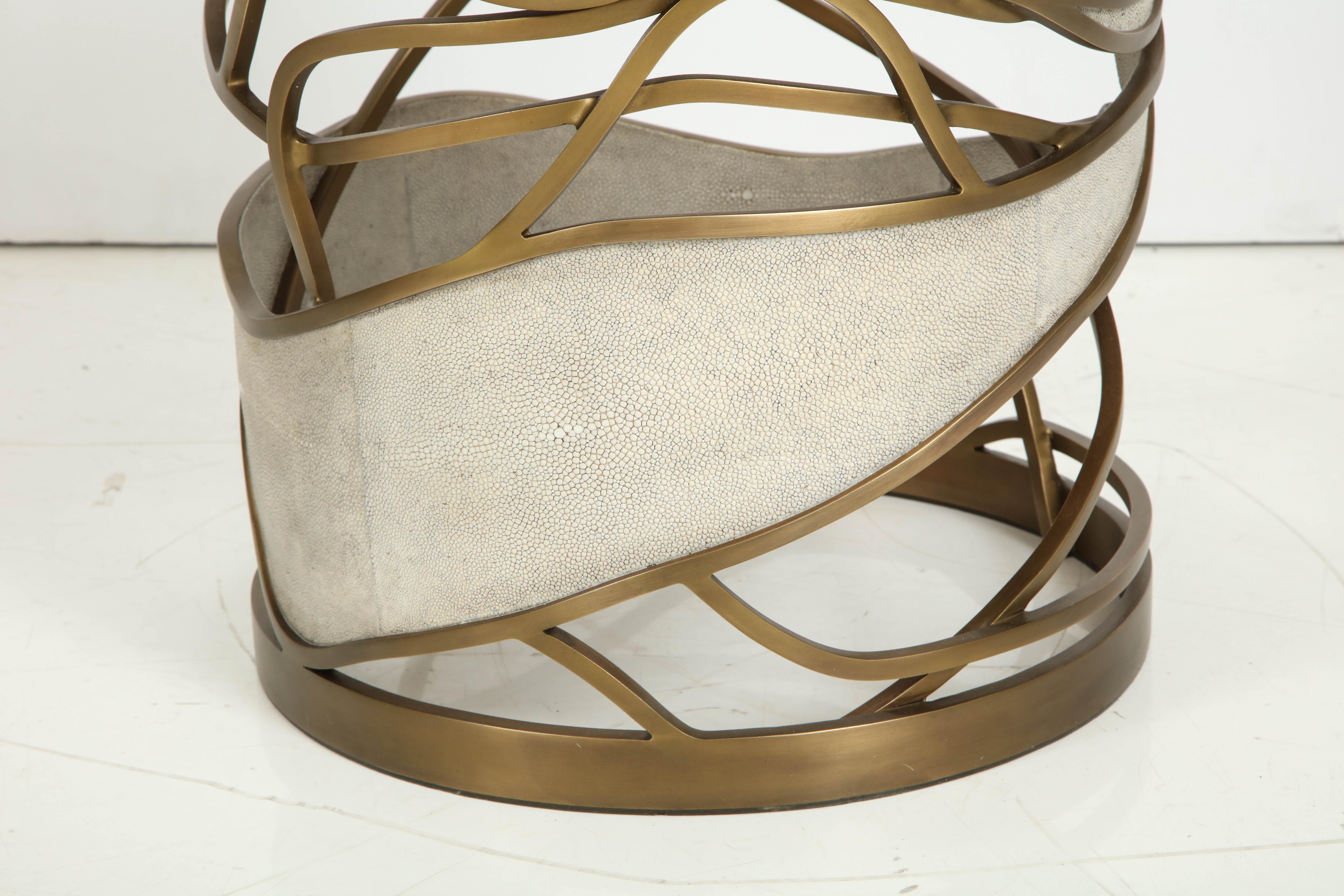 Shagreen Stool or Side Table with Brass Details, Contemporary, Cream Shagreen 1