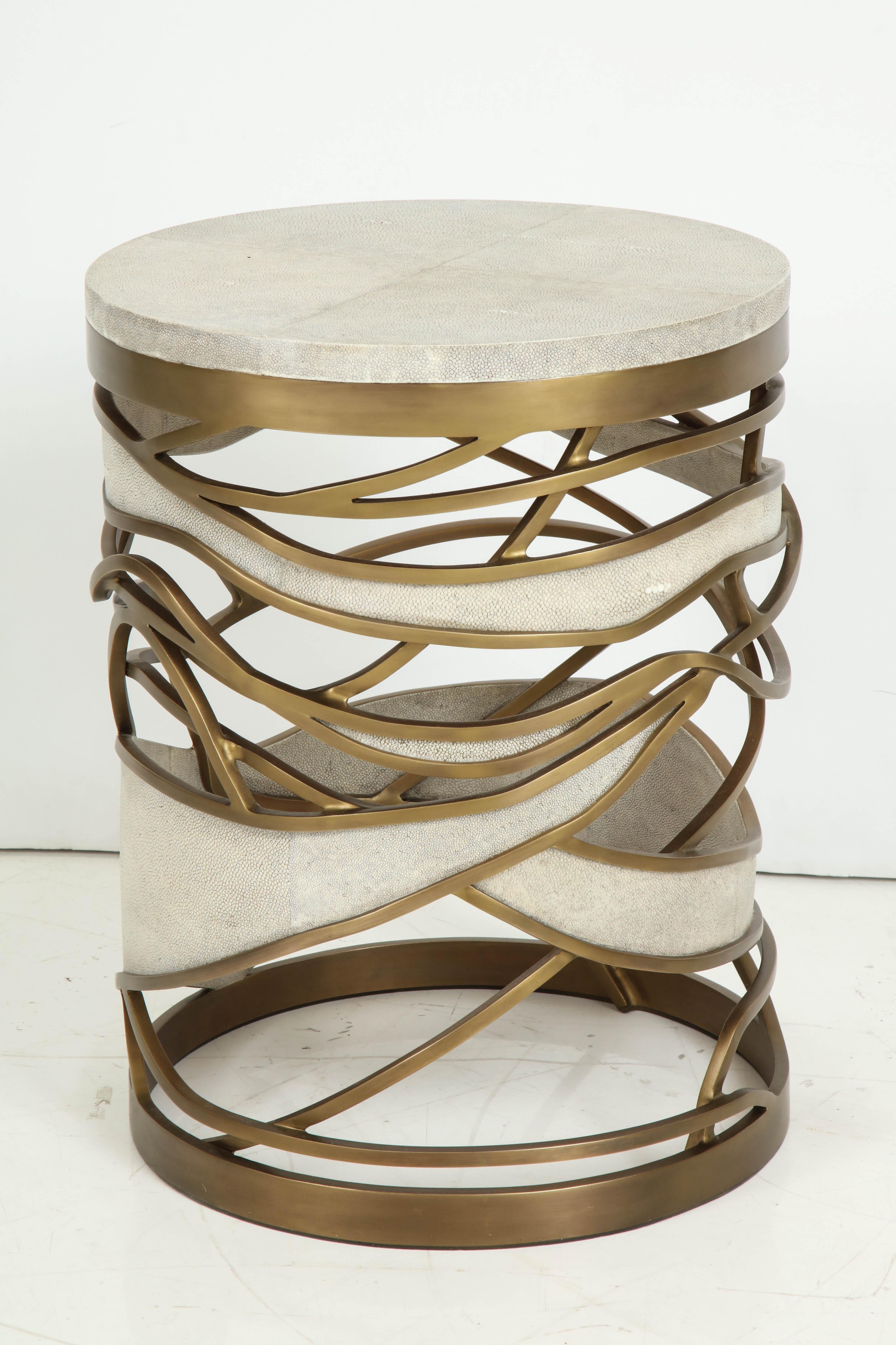 Shagreen Stool or Side Table with Brass Details, Contemporary, Cream Shagreen 3