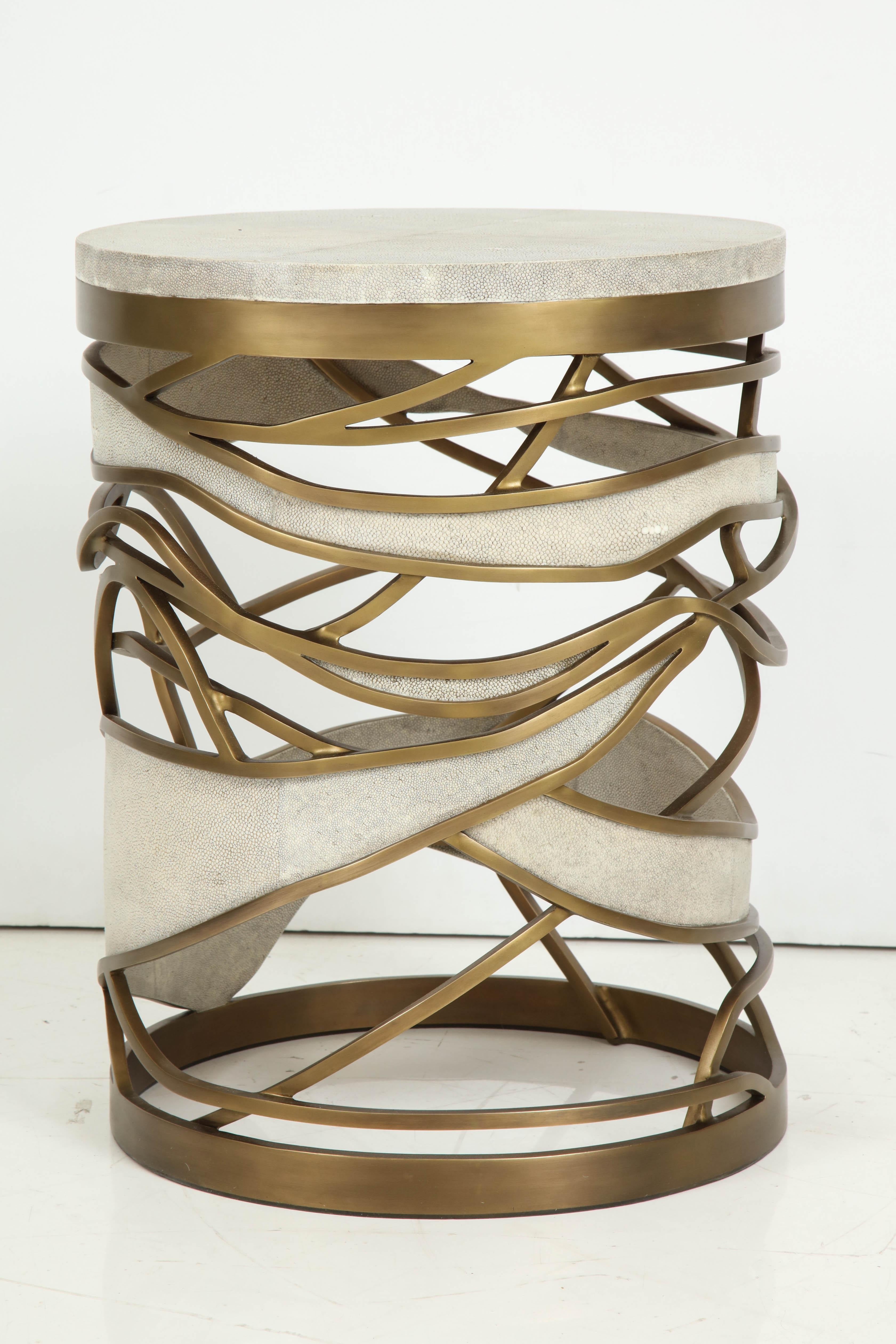 Shagreen Stool or Side Table with Brass Details, Contemporary, Cream Shagreen 4