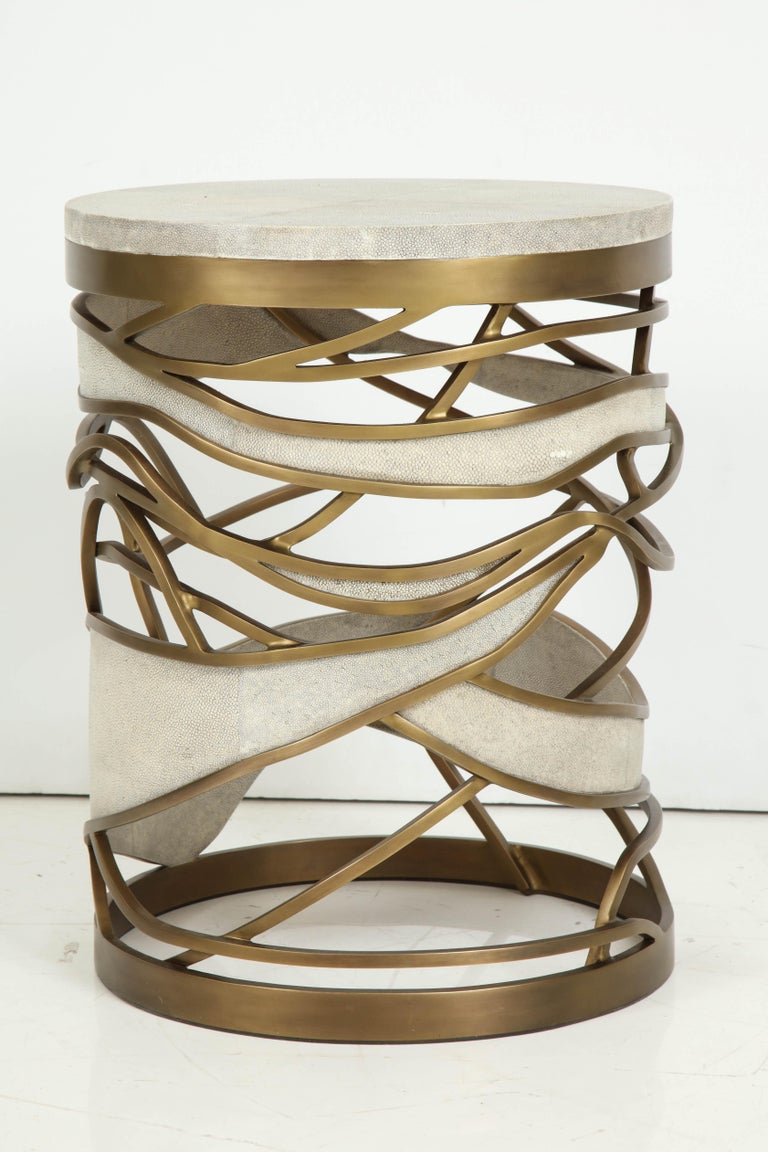 Shagreen Stool or Side Table with Brass Details, Contemporary, Cream