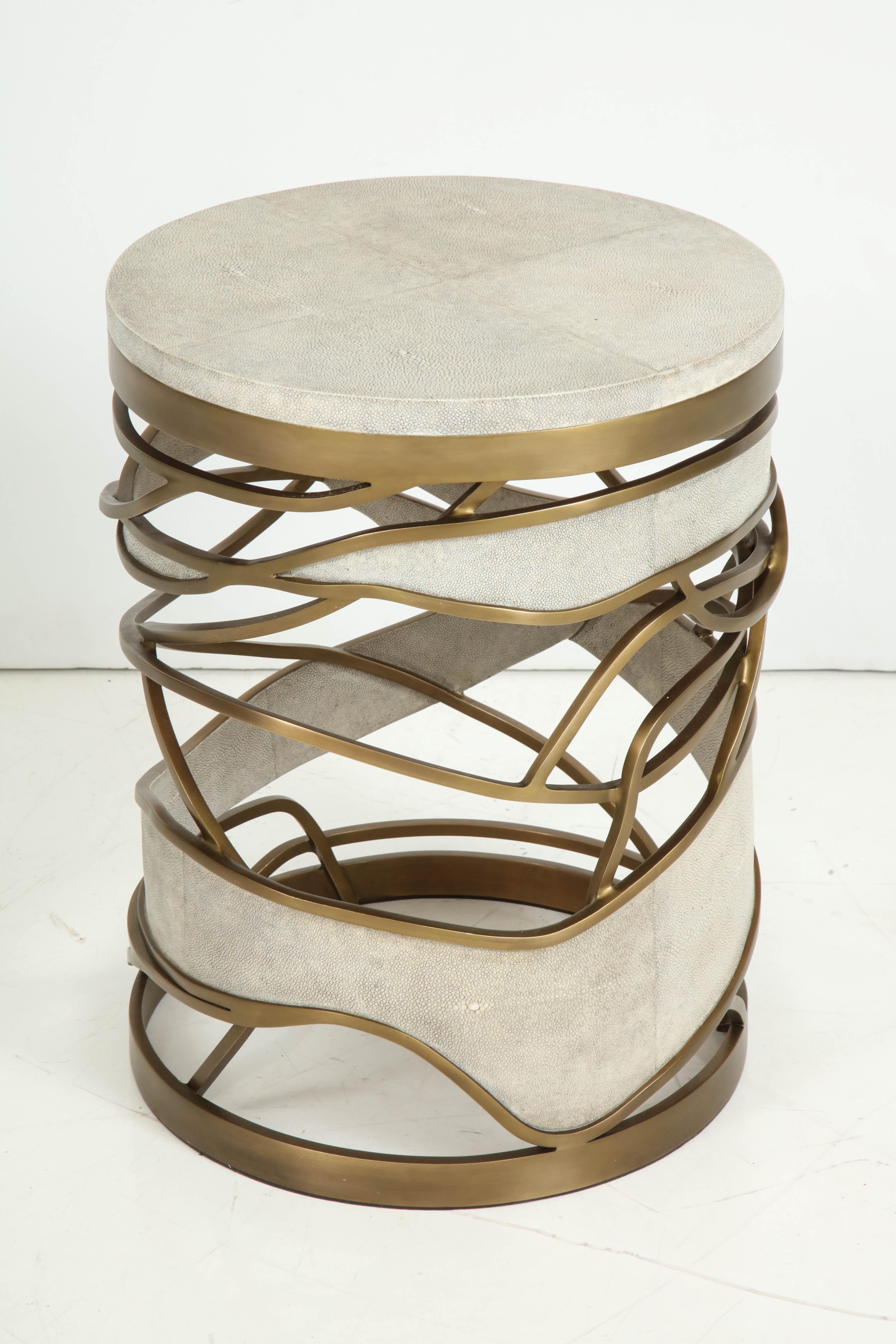 Decorative stool or side table beautifully made of cream shagreen and brass details. 
Production time is 15-16 weeks.