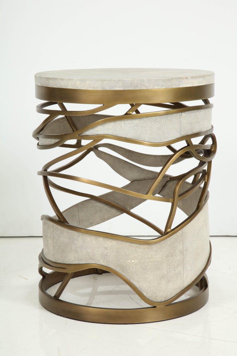 Shagreen Stool or Side Table with Brass Details, Contemporary, Cream
