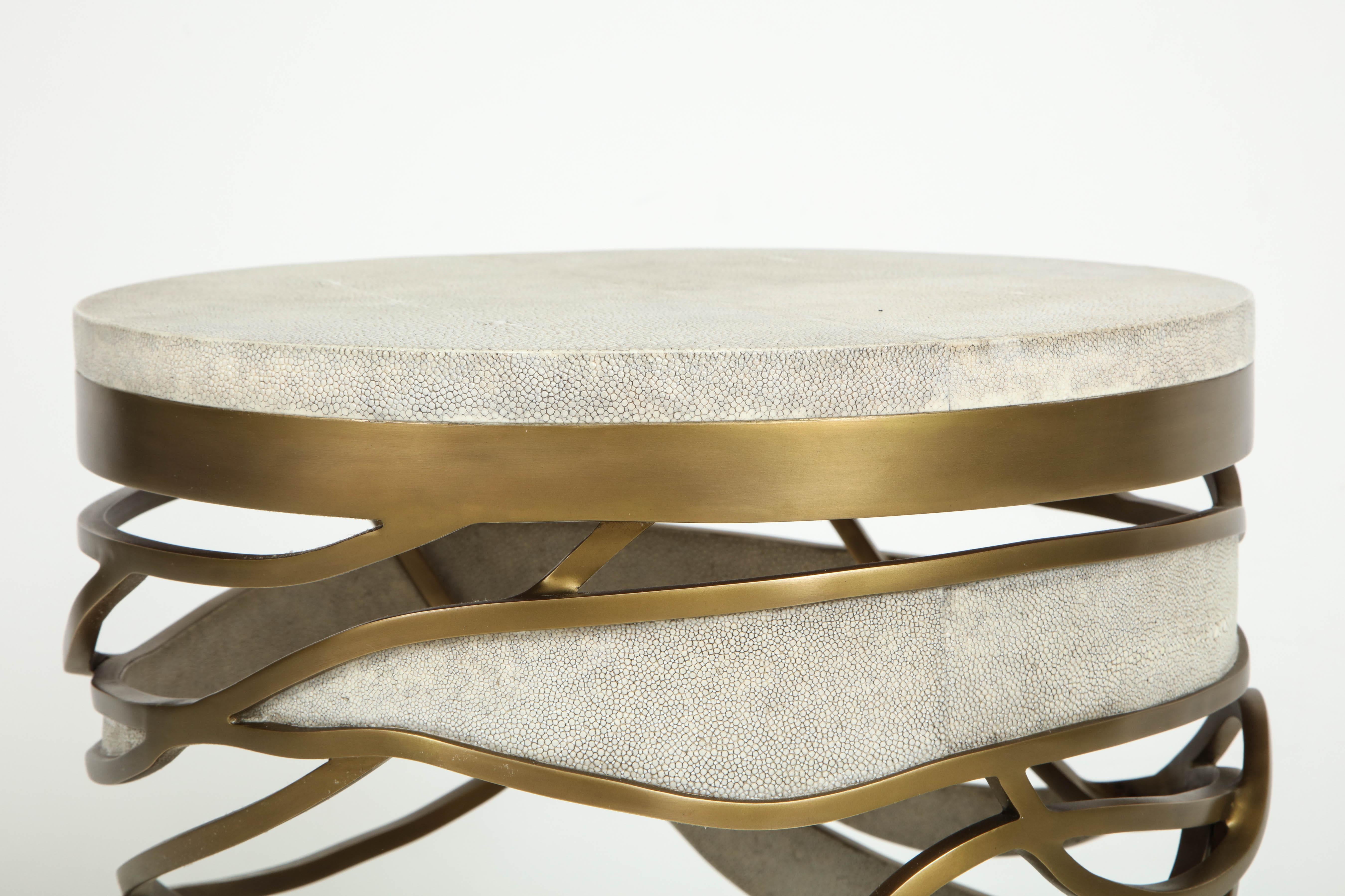 Art Deco Shagreen Stool or Side Table with Brass Details, Contemporary, Cream Shagreen
