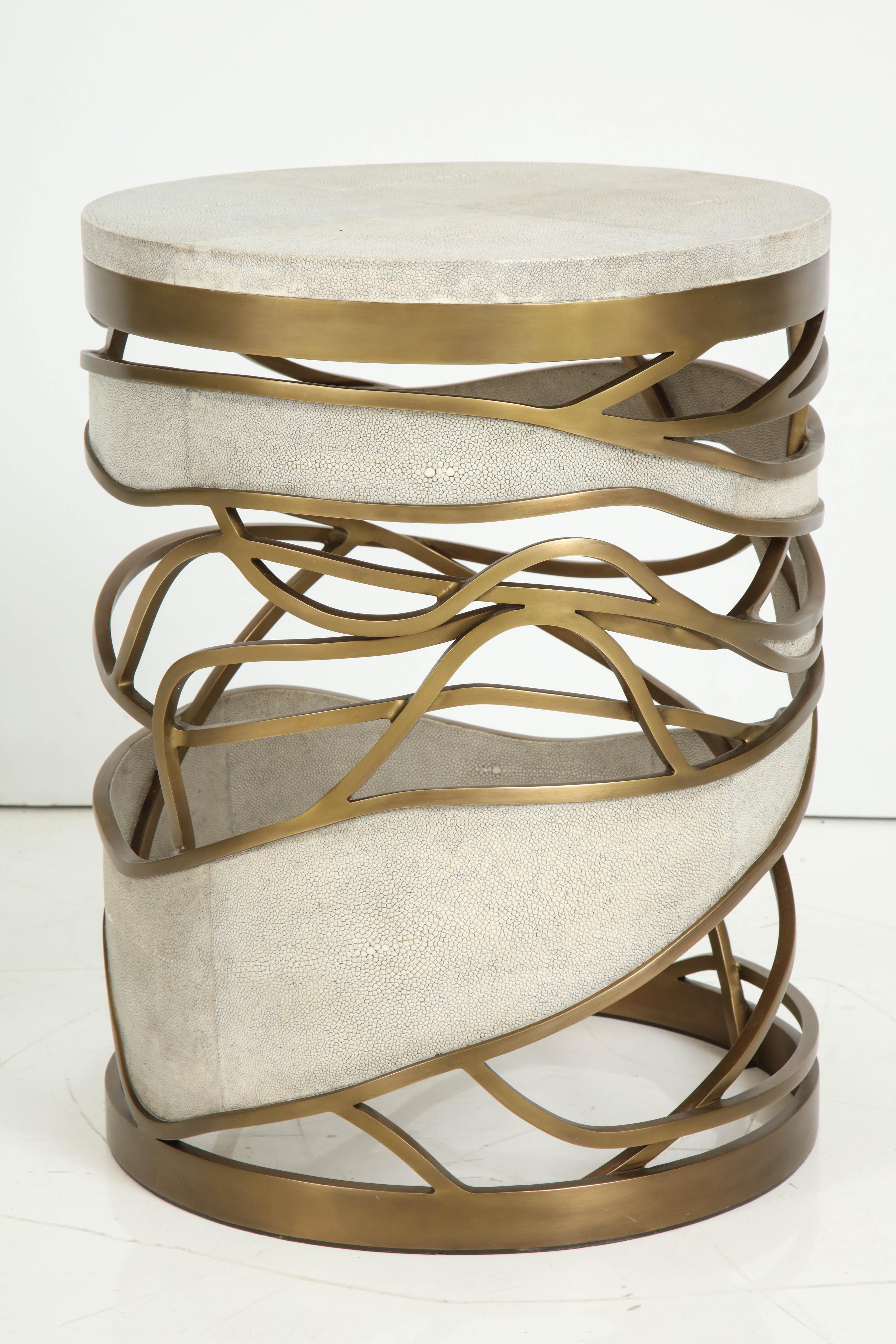 Hand-Crafted Shagreen Stool or Side Table with Brass Details, Contemporary, Cream Shagreen