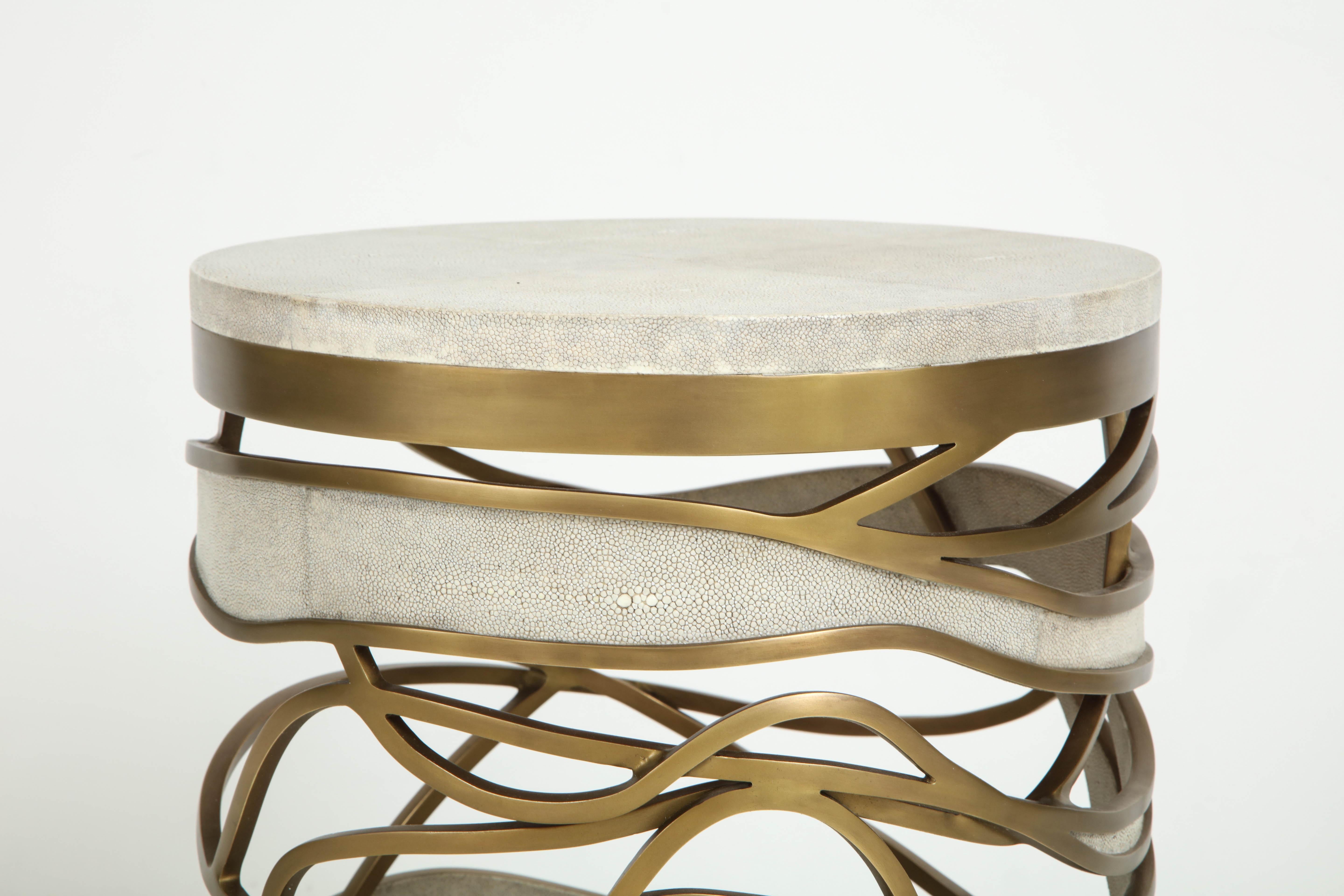 Shagreen Stool or Side Table with Brass Details, Contemporary, Cream Shagreen In New Condition In New York, NY